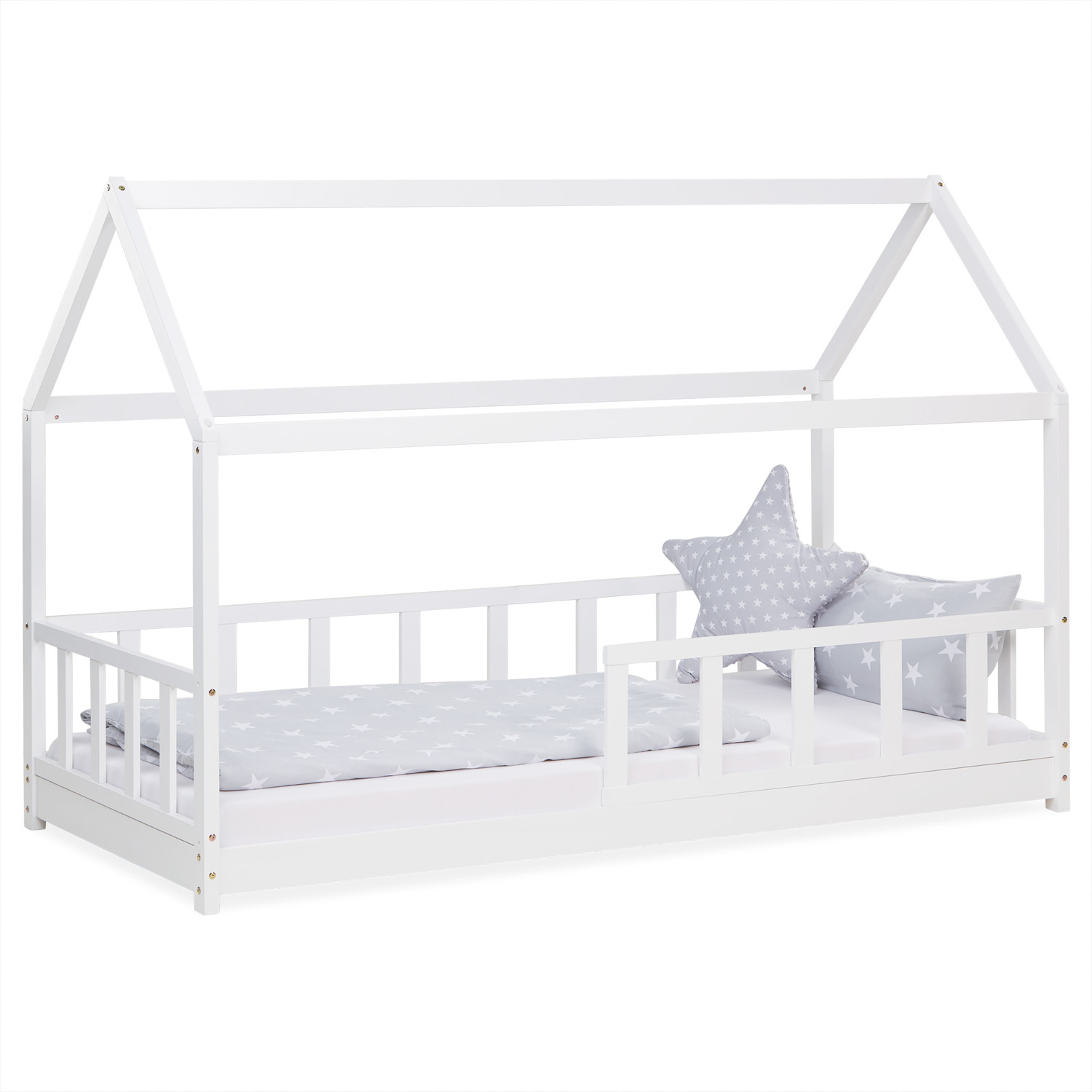 Children's Bed 90x200 cm White | House Bed with Fall Protection | Montessori | Single Bed | with Slatted Frame | Wood