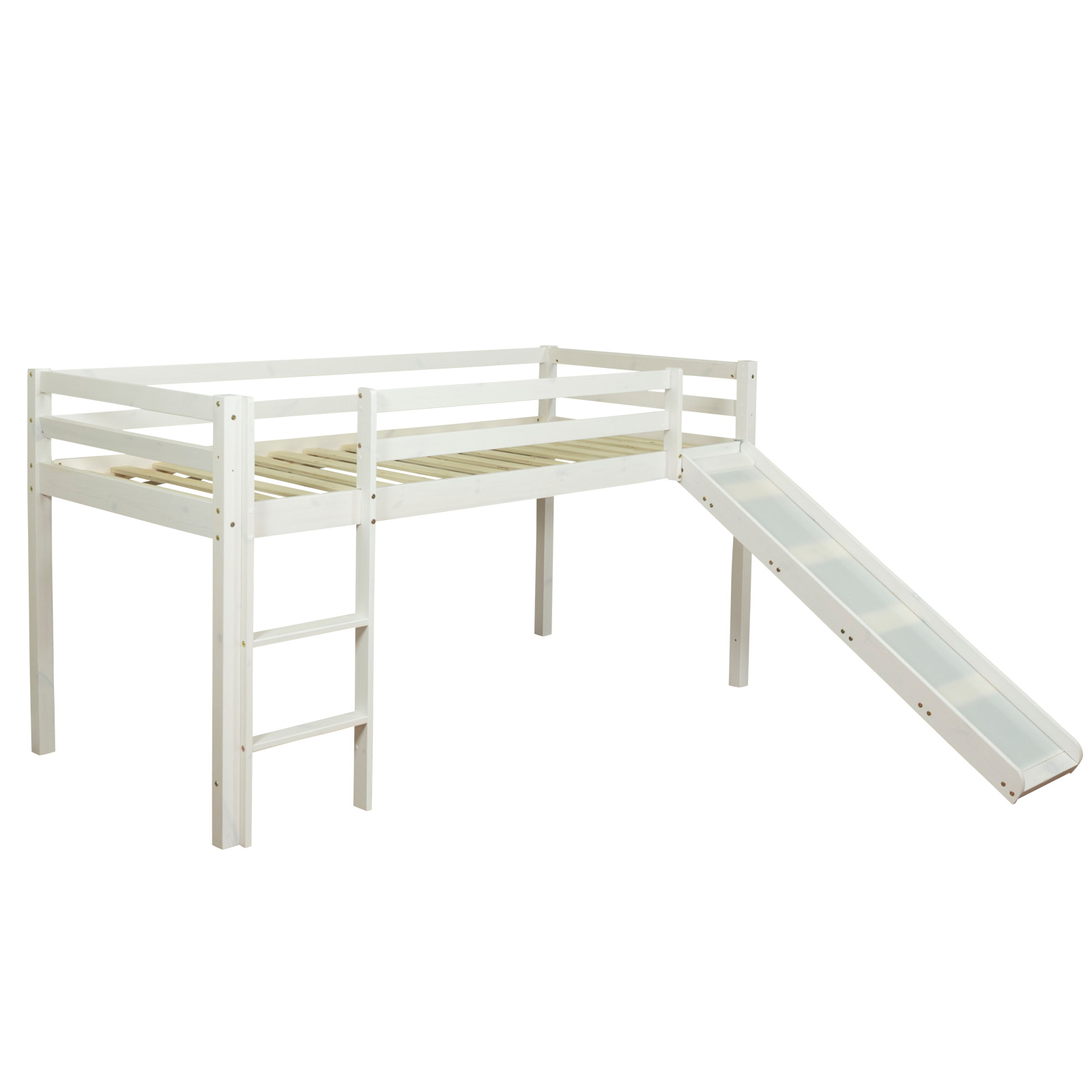 Loft Bed Kids 90x200 cm White with Curtain Pink | Slide | without Slatted Frame