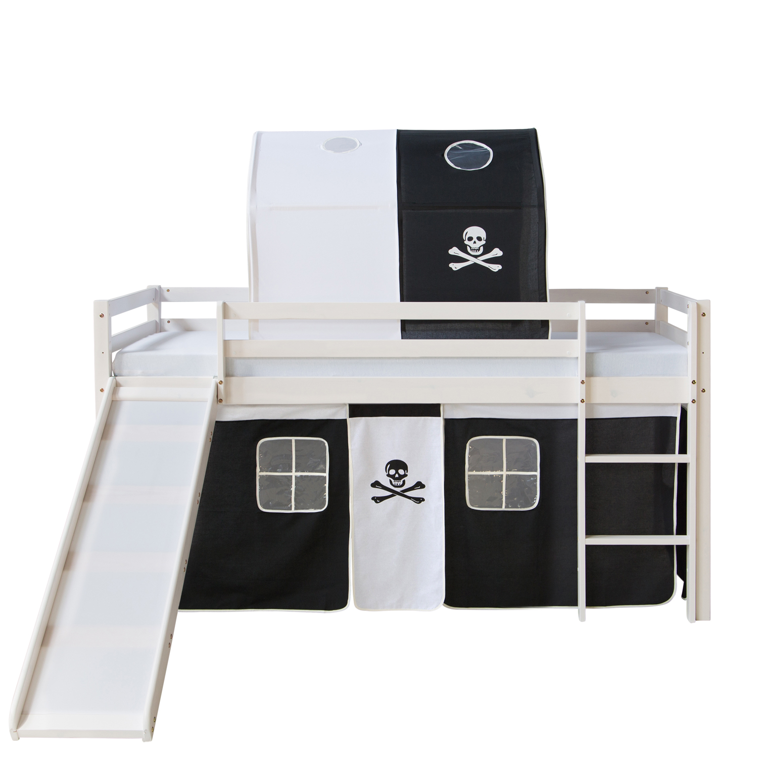 Loft Bed Kids 90x200 cm White with Curtain Black | Tunnel | Slide | without Slatted Frame Loftbed with Mattress 90x200 cm Slide Bunk bed Childrens bed Solid Pine Wood Curtain Tunnel Black Pirate Slatts