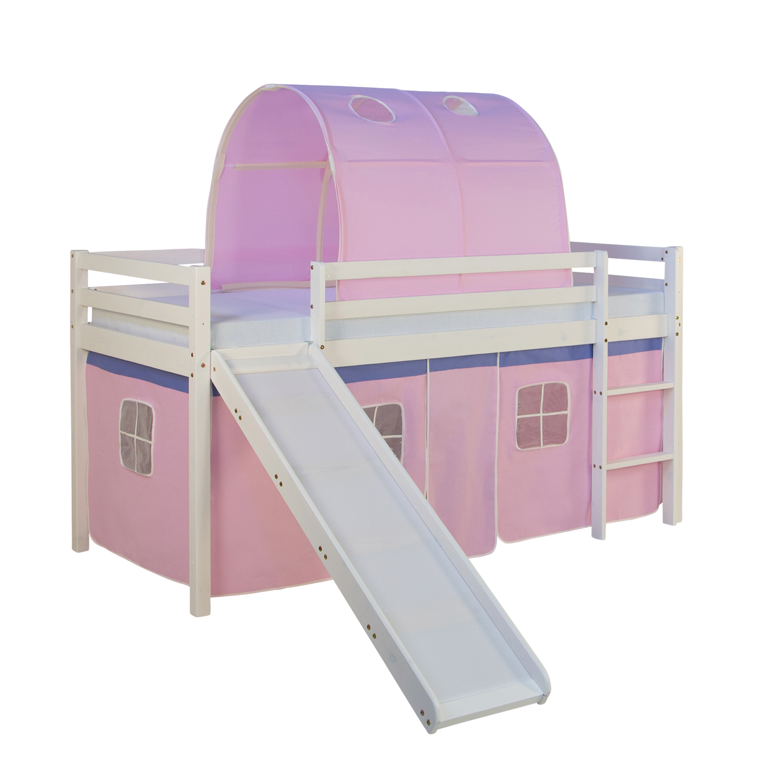 Loft Bed Kids 90x200 cm White with Curtain in Pink | Tunnel | Slide | without Slatted Frame Loft Bed Kids 90x200 cm White with Curtain in Pink | Tunnel | Slide | without Slatted Frame