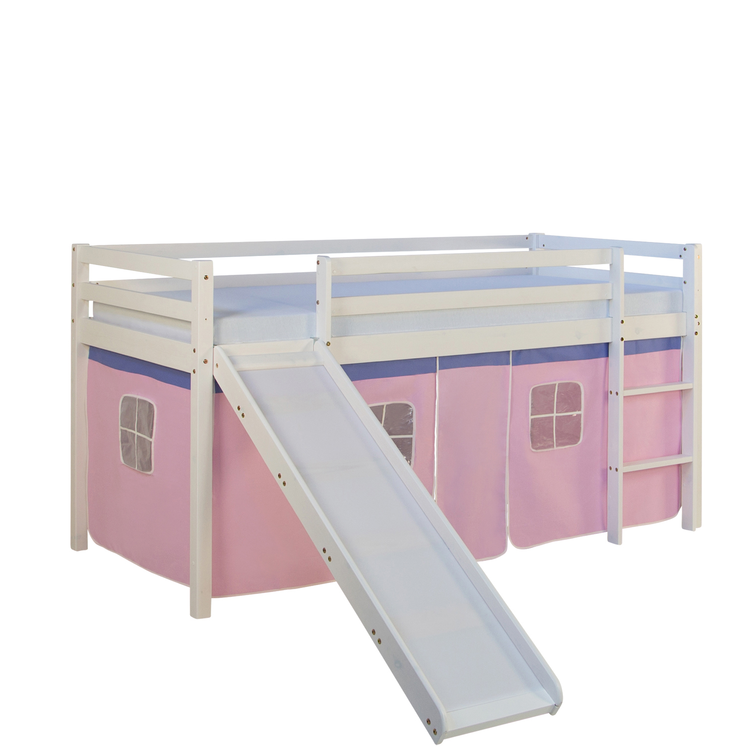 Loft Bed Kids 90x200 cm White with Curtain in Pink | Slide | with Slatted Frame