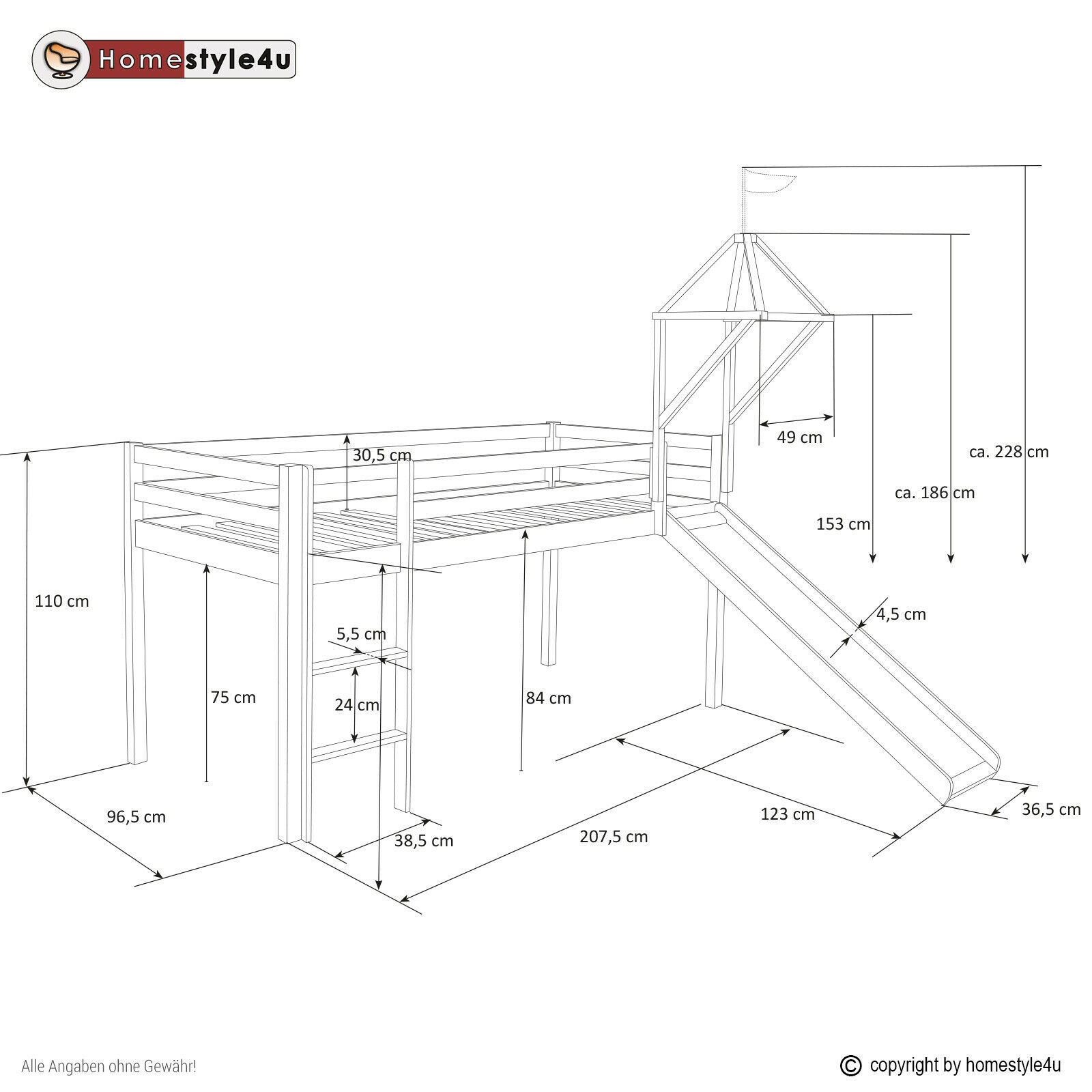 Hochbett Kinder 90x200 cm Weiß mit Vorhang in Blau | Tunnel | Turm | Rutsche | ohne Lattenrost