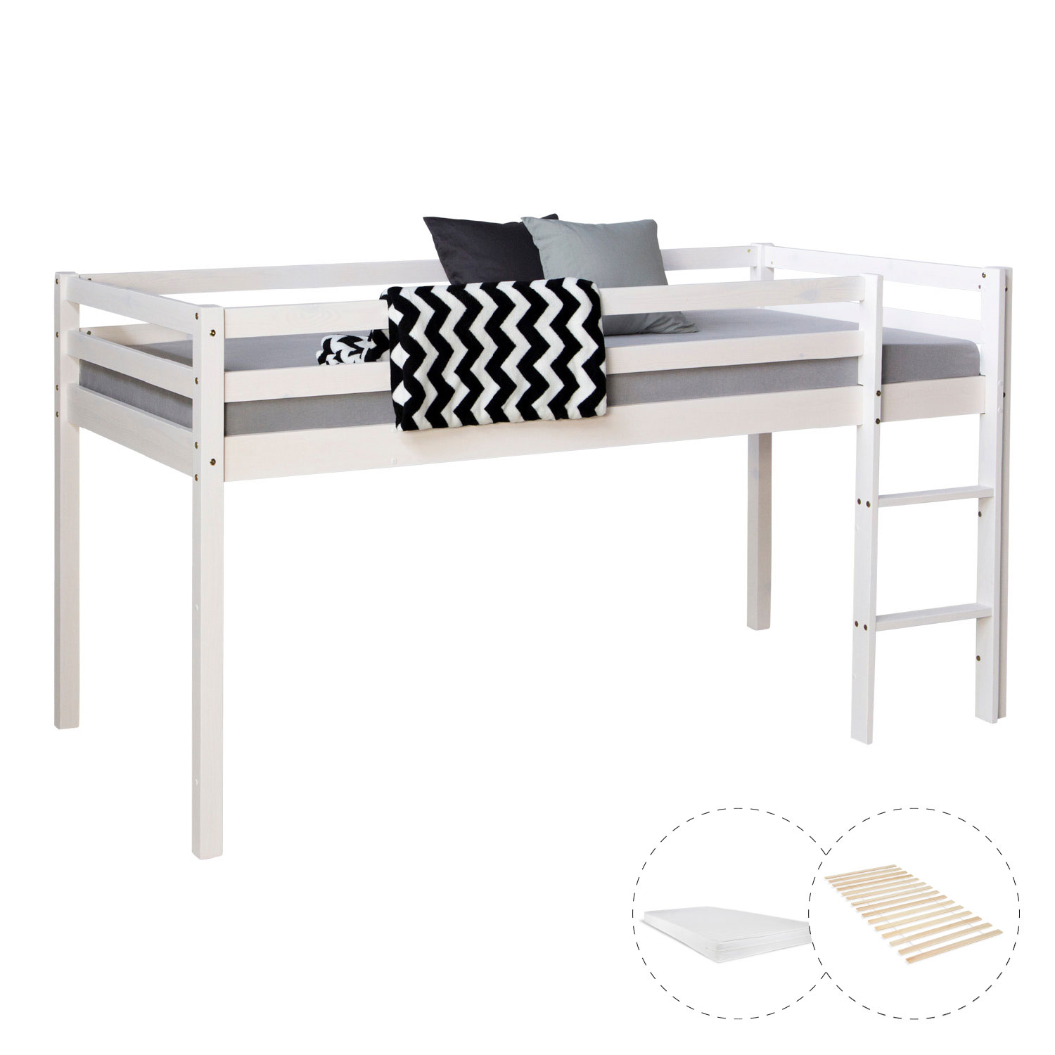 Loft Bed with Mattress Slatted Frame 90x200 cm Children's Bed Bunk Bed White Loft Bed with Mattress Slatted Frame 90x200 cm Children's Bed Bunk Bed White