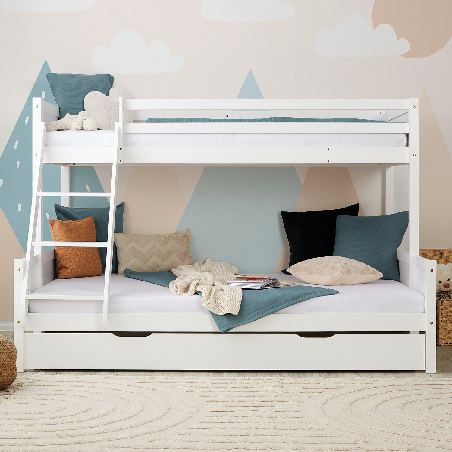 Bunk Bed 2 Sleeping Areas 90x200 cm and 140x200 cm White | with Bed Drawer | with Slatted Frame Bunk Bed with 2 Mattresses Kids Bed 90x200 and 140x200 cm White Wood Cabin Bed High Sleeper Bed Loft Bed Childrens Bed Twin Bed Drawer