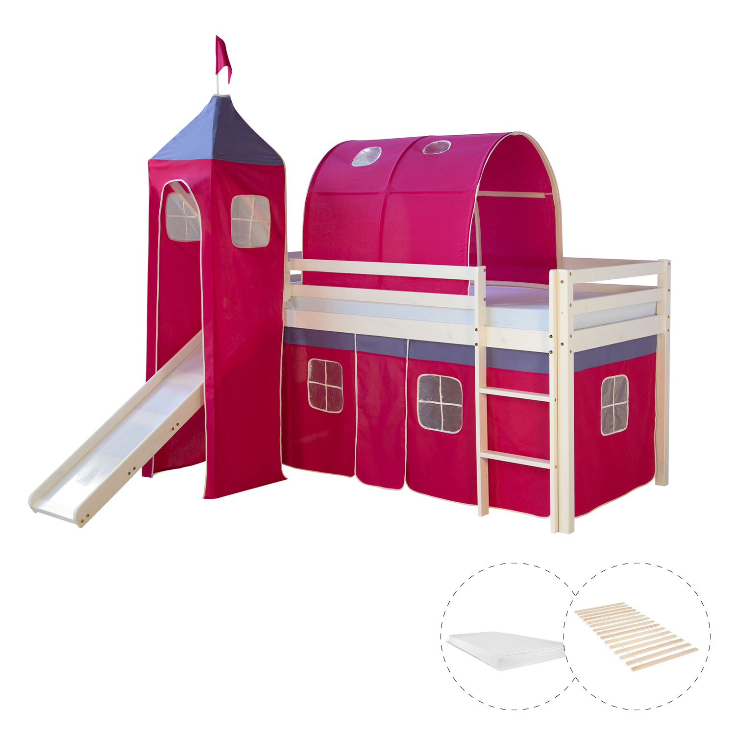 Loftbed 90x200 cm with Tower Tunnel Slide Mattress Bunk bed Childrens bed Solid Pine Wood Slats Curtain Pink Loftbed 90x200 cm with Tower Tunnel Slide Mattress Bunk bed Childrens bed Solid Pine Wood Slats Curtain Pink