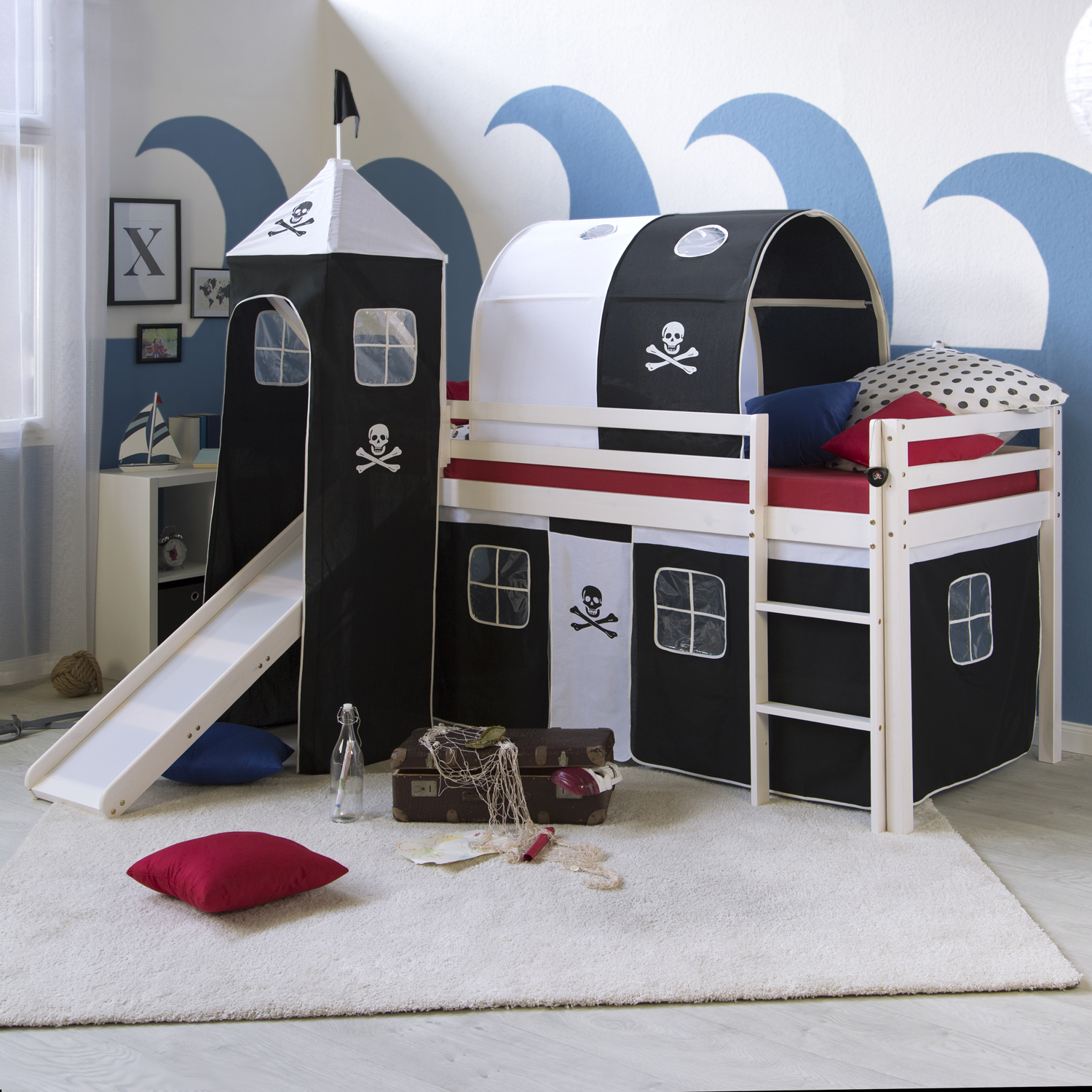 Loftbed 90x200 cm Bunk bed Childrens bed Solid Pine Wood Tower Tunnel Curtain Black Pirate Slide Mattress Slats