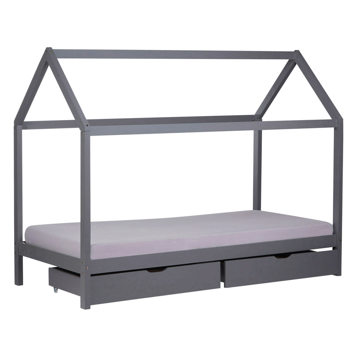 Lit Enfant 90x200 cm Gris | Lit Cabane avec Tiroirs | Lit Simple | avec Sommier | Bois