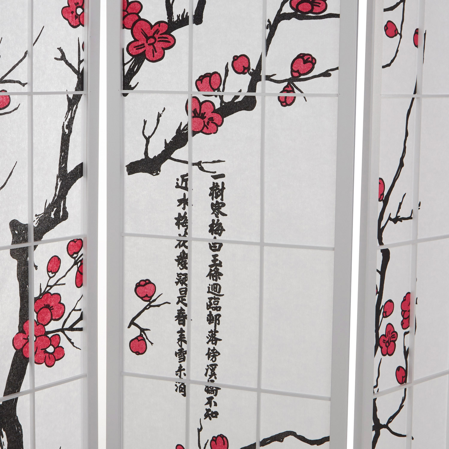 Paravent room divider 4 parts, wood, rice paper white, cherry pattern, height 179 cm