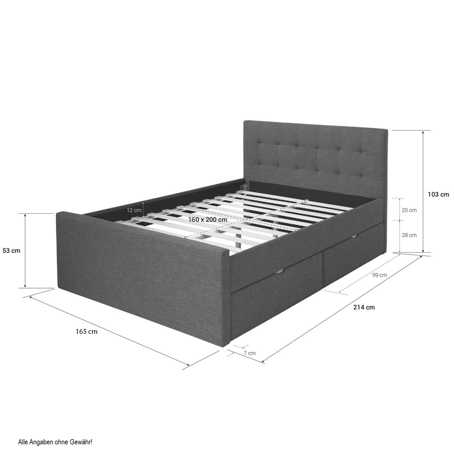 Upholstered Bed 160x200 Grey Frame Slatted Frame 2 Drawers