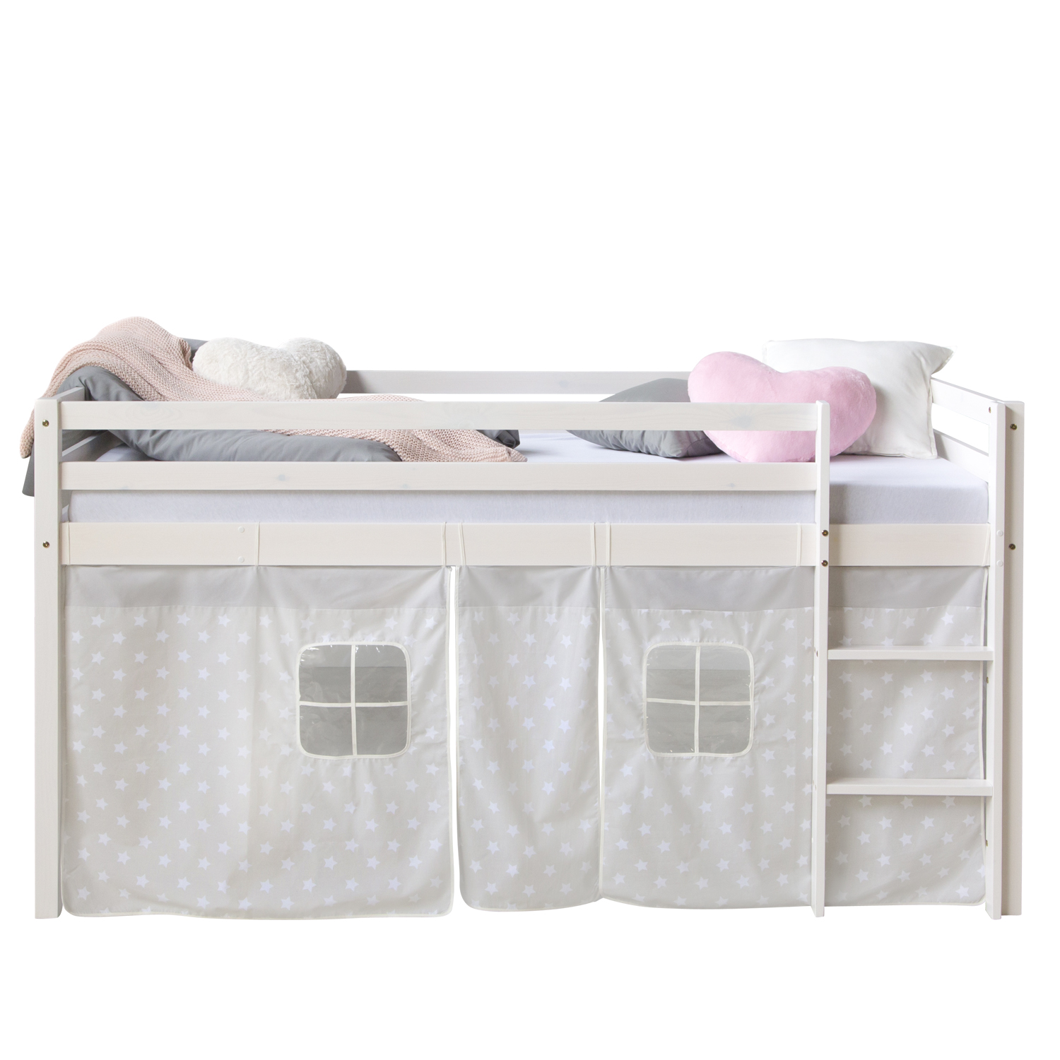 Loft Bed Kids 90x200 cm White with Curtain Stars | without Slatted Frame Loftbed 90x200 cm with Mattress Bunk bed Childrens bed Solid Pine Wood Curtain Grey Stars Slats