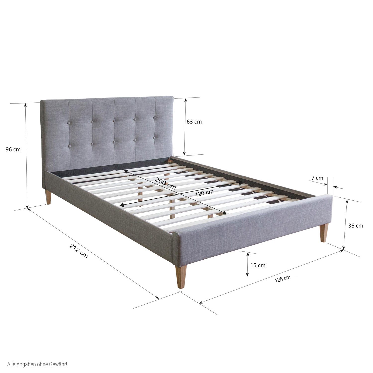 Upholstered Bed with Mattress 120x200 Slatted Frame Double Bed Fabric Bedstead Grey