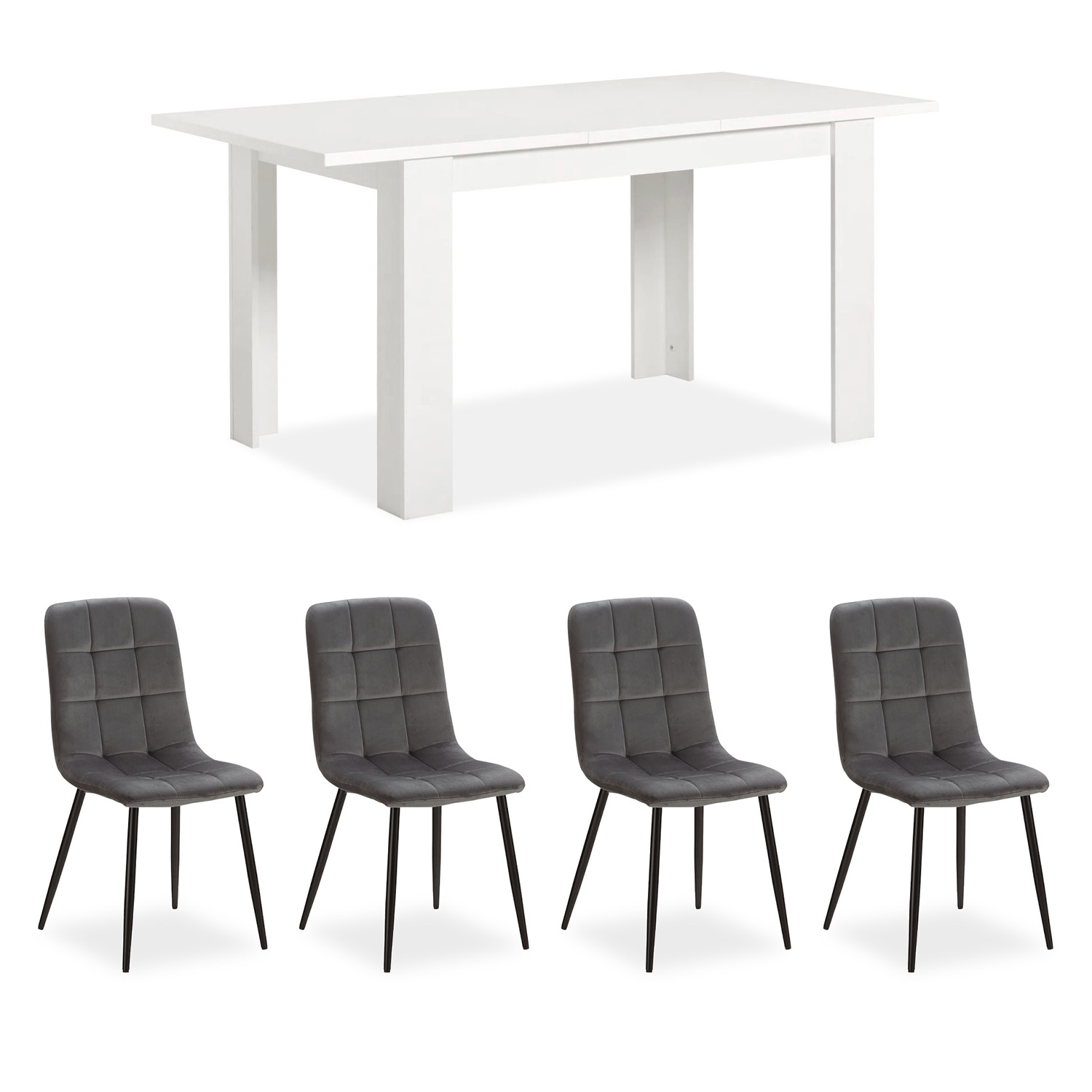 Modern Dining Table White 120x80 cm with 4 Grey Velvet Chairs Dining Room Table Wooden Table