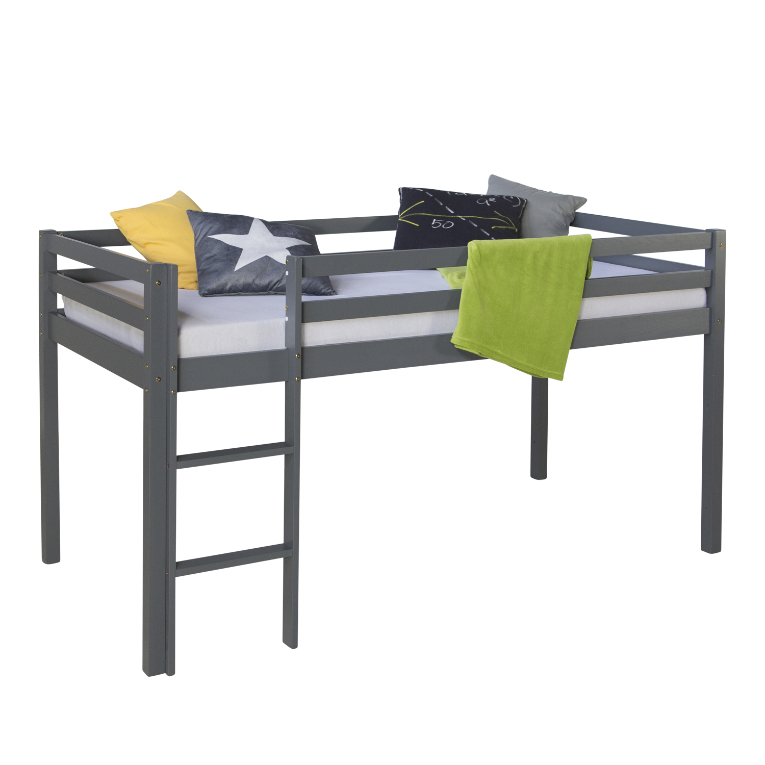 Hochbett mit Lattenrost Leiter 90x200 cm Kinderbett Grau Holz Kiefer Massiv Spielbett Stockbett