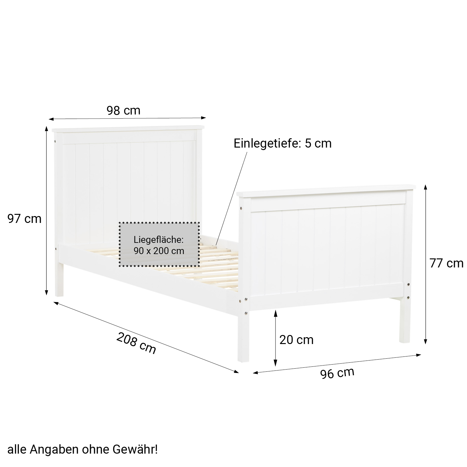 Lit en Bois 90x200 cm Blanc | Lit Simple | avec Sommier | Style Maison de Campagne | Chambre Enfant, Adolescent, Invité