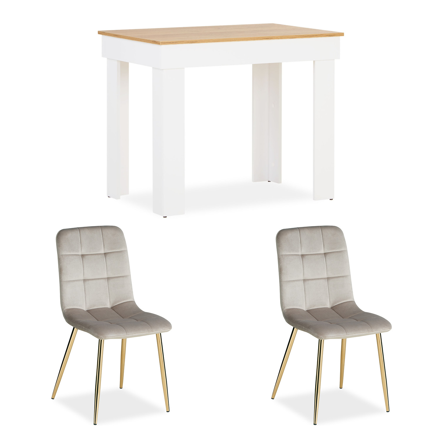 Esstisch mit 2 Stühlen Set Essgruppe Samt Polsterstühle Creme Küchentisch Holz Eiche Weiß Modern 90x60 cm Esszimmertisch Massiv