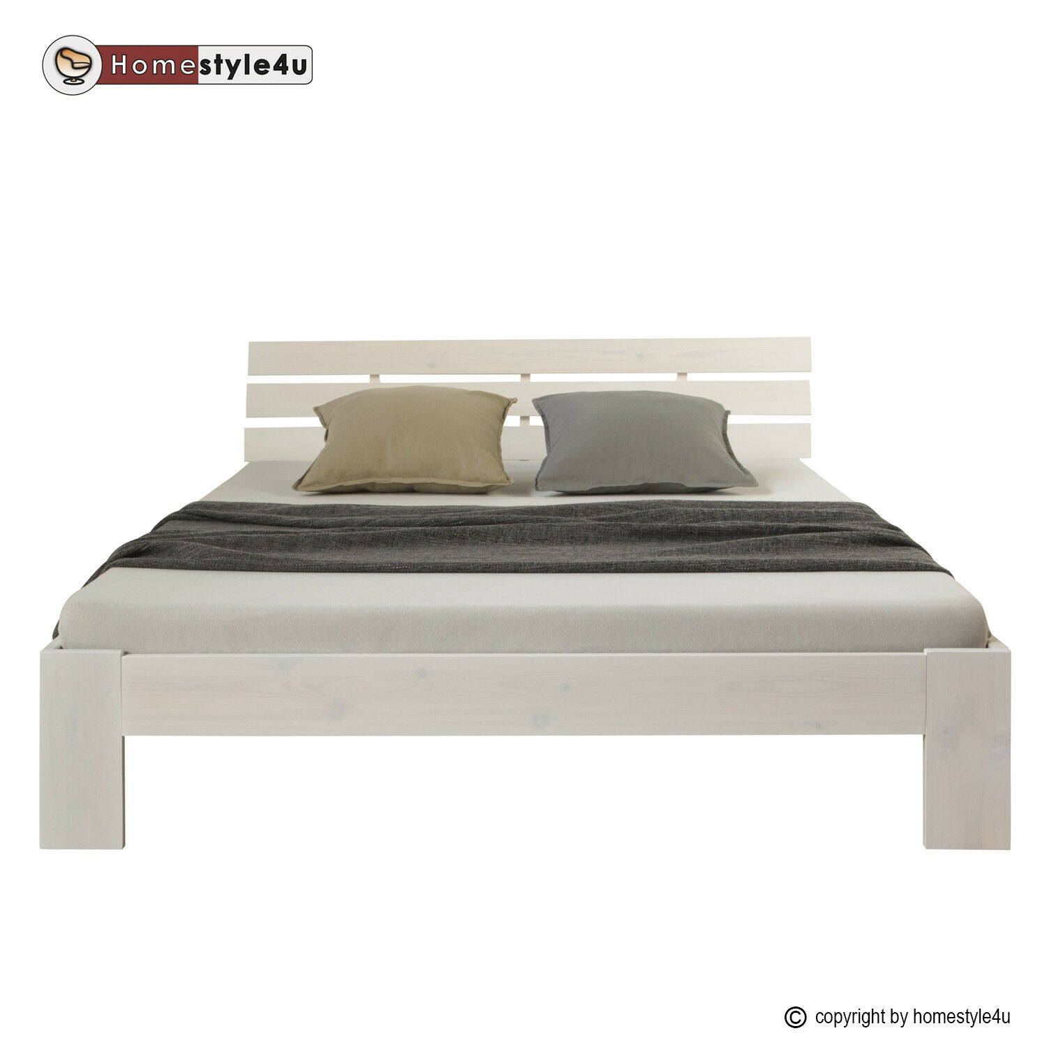 Wood Bed 160x200 cm White | Double Bed | with Slatted Frame | Solid | Kids Youth Guest Bedroom