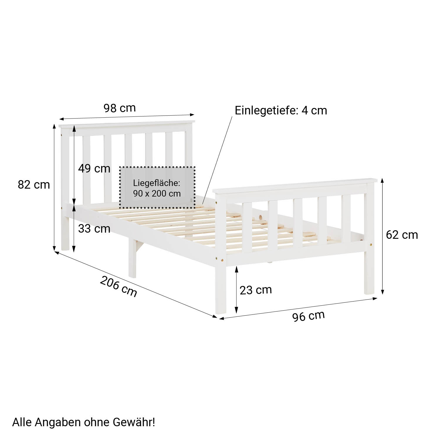 Holzbett 90x200 cm Weiß | Einzelbett | mit Lattenrost | Kind Jugend Gast Schlafzimmer