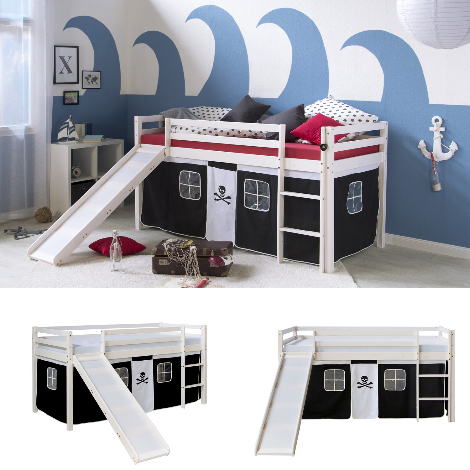 Loft Bed Kids 90x200 cm White with Curtain in Black | Slide | without Slatted Frame Loft Bed Kids 90x200 cm White with Curtain in Black | Slide | without Slatted Frame