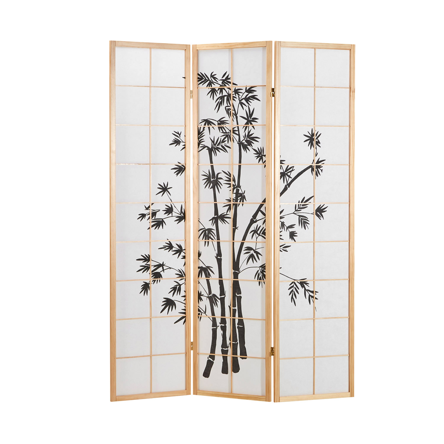 Paravent room divider 3 parts, natural wood, white rice paper, bamboo pattern, height 179 cm