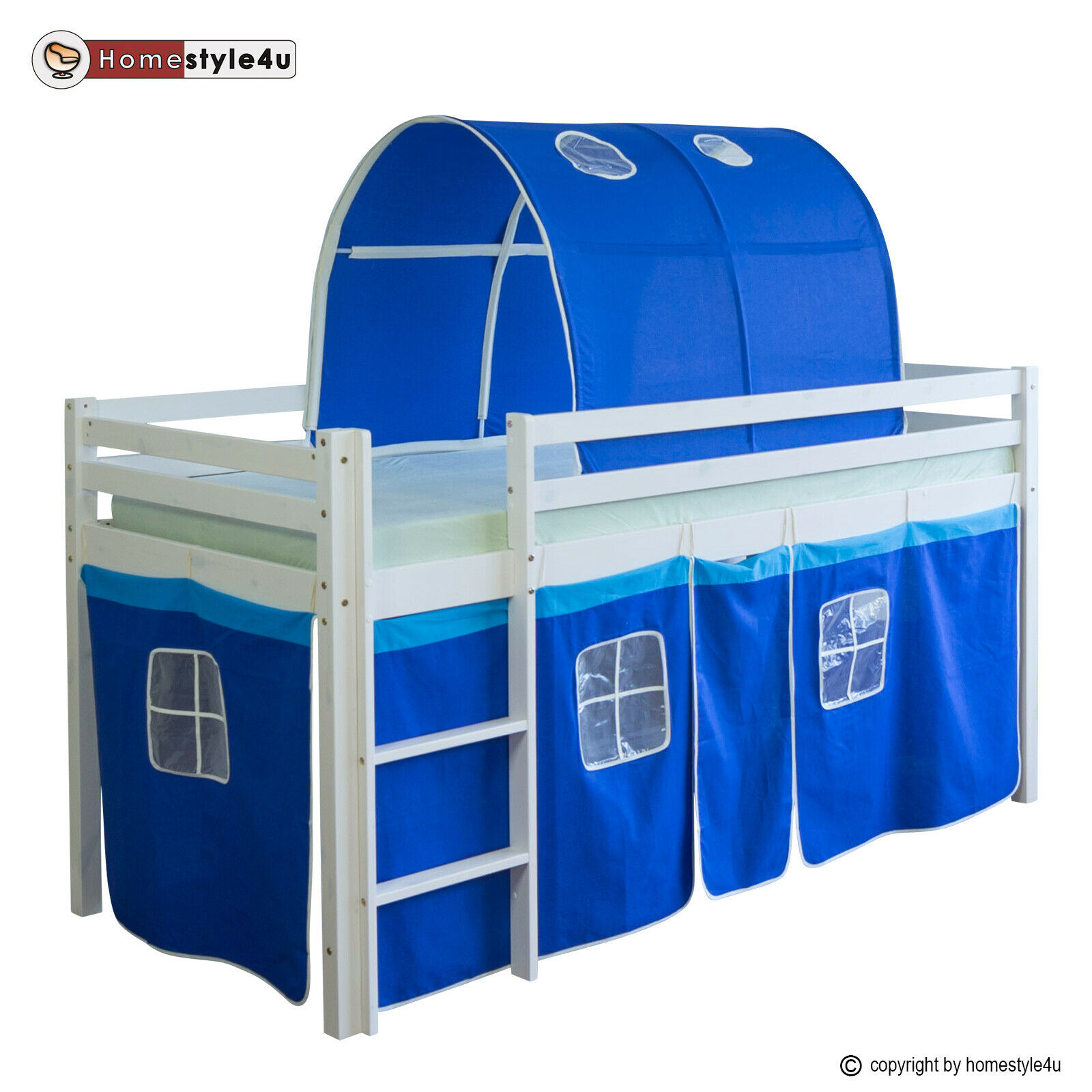 Loft Bed Kids 90x200 cm White with Curtain in Blue | Tunnel | without Slatted Frame Loft Bed Kids 90x200 cm White with Curtain in Blue | Tunnel | without Slatted Frame