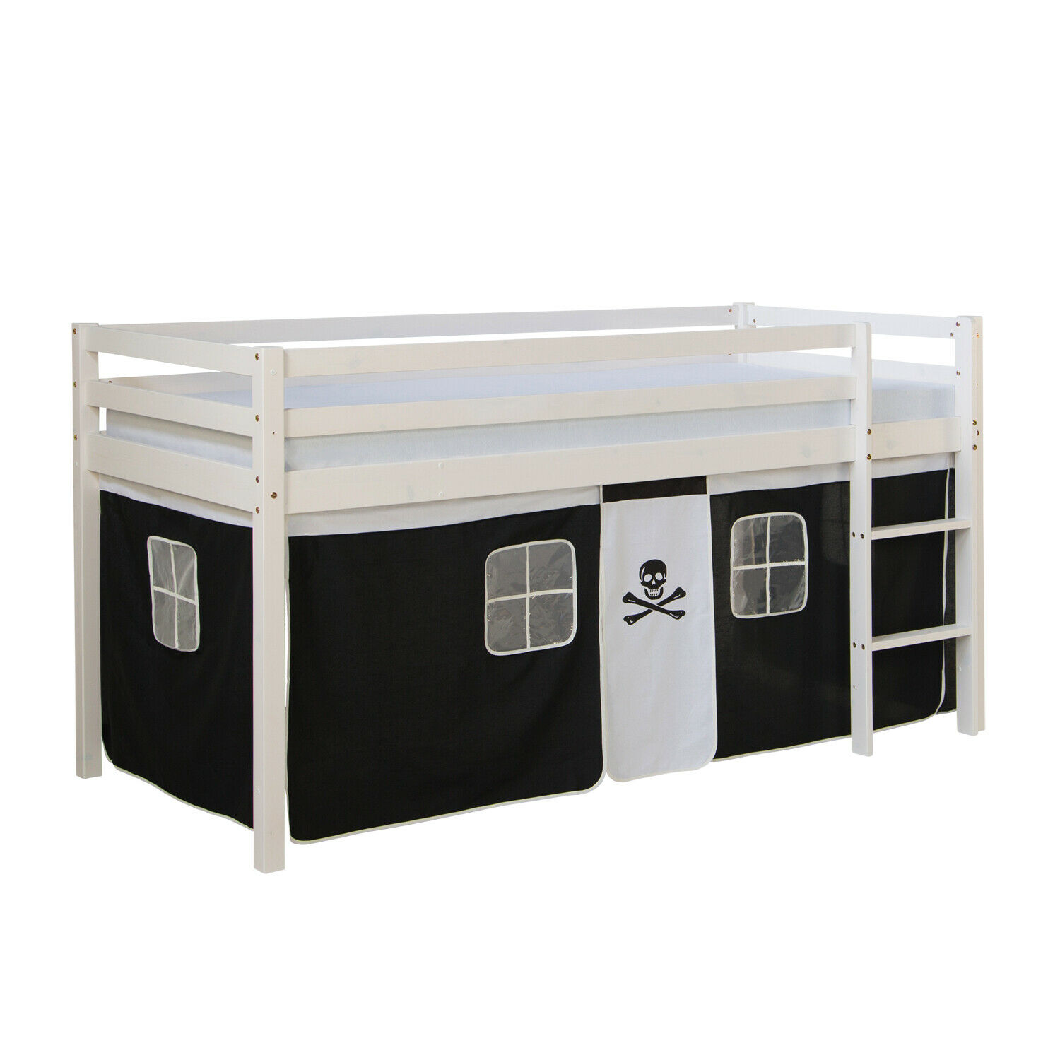 Loft Bed Kids 90x200 cm White with Curtain Black | without Slatted Frame