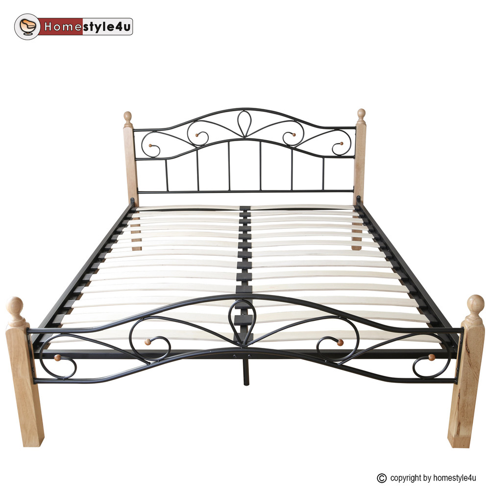 Metal Bed Iron Bed Double 160 x 200 Wood Slatted black natural bed frame 920