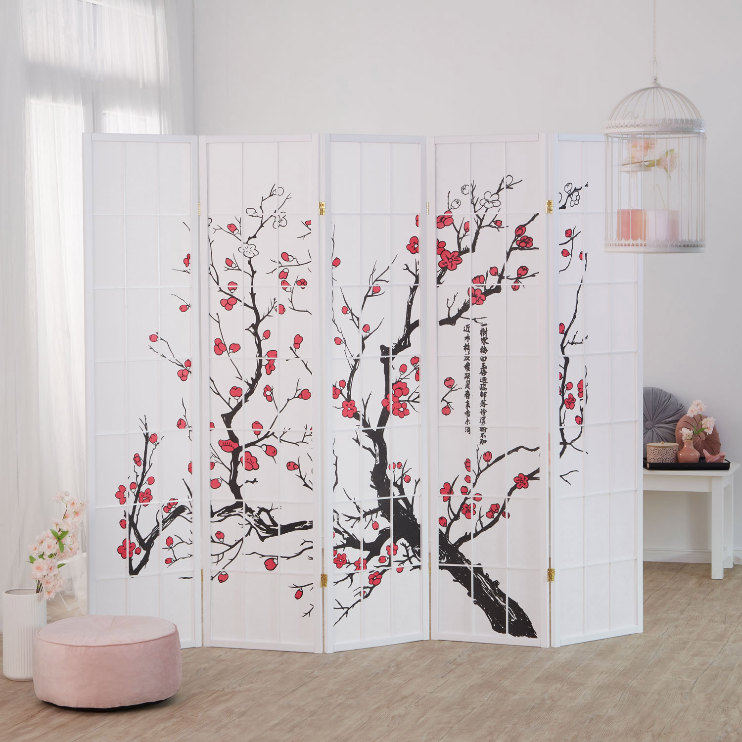 Screen room divider, 5 parts, wood rice paper white, cherry pattern, height 179 cm