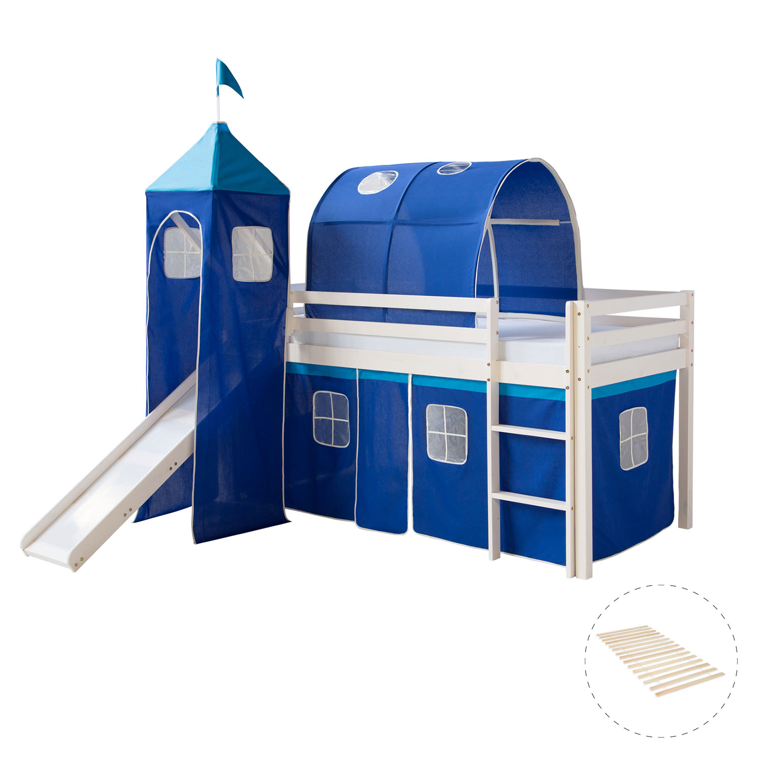 Loft Bed Kids 90x200 cm White with Curtain in Blue | Tunnel | Tower | Slide | with Slatted Frame Loft Bed Kids 90x200 cm White with Curtain in Blue | Tunnel | Tower | Slide | with Slatted Frame
