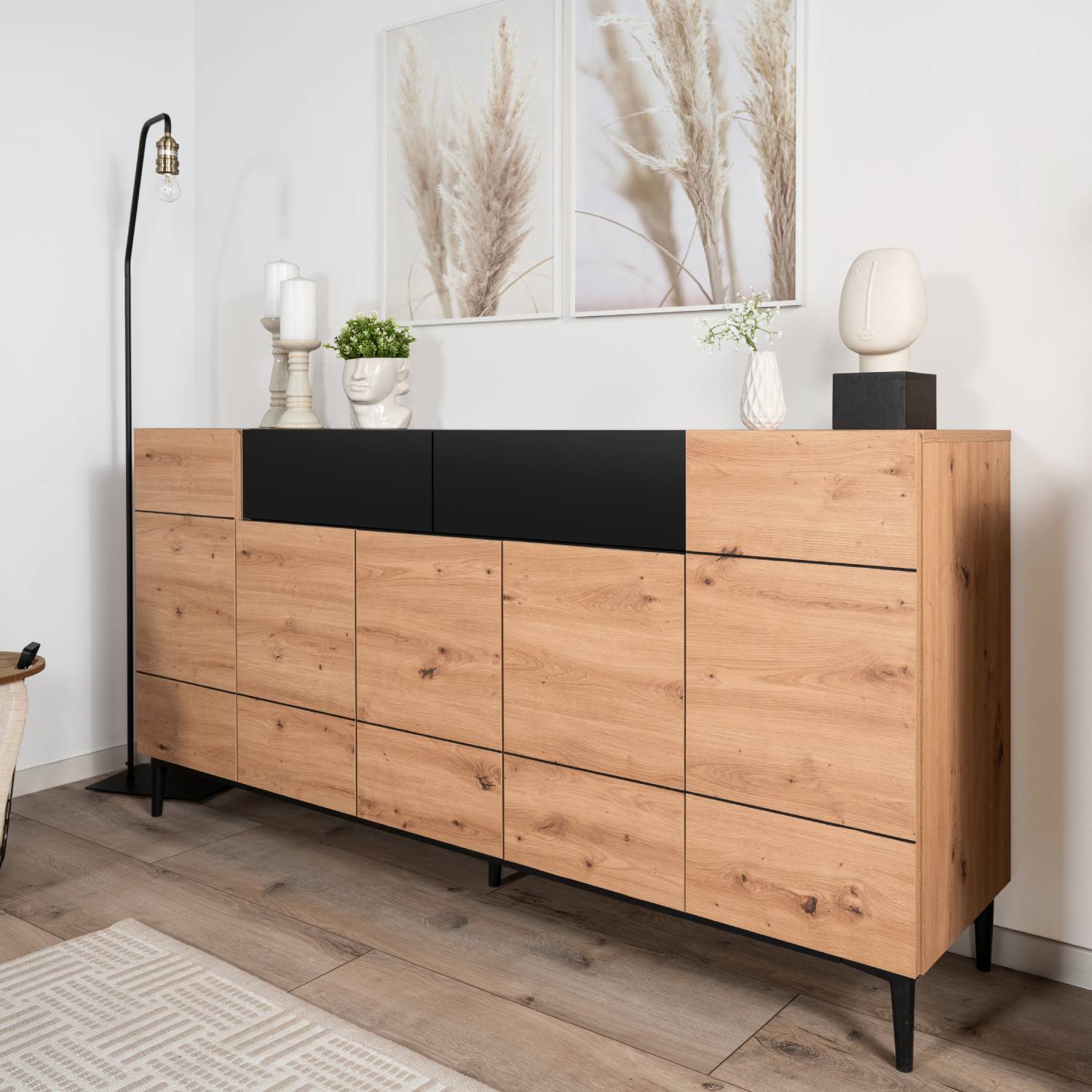 Sideboard Kommode Eiche Holz in Natur Schwarz Wohnzimmerschrank