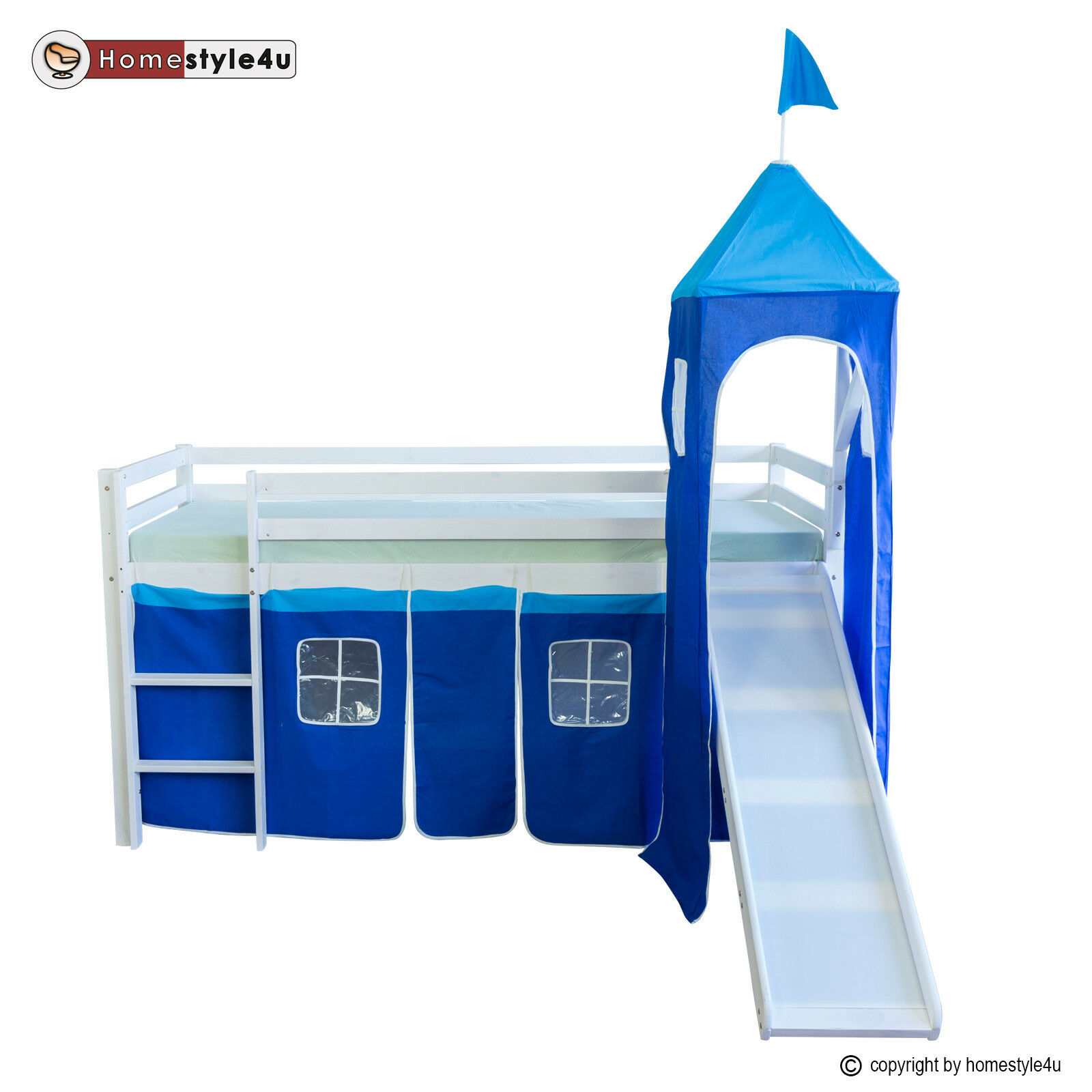 Loft Bed Kids 90x200 cm White with Curtain in Blue | Tower | Slide | without Slatted Frame