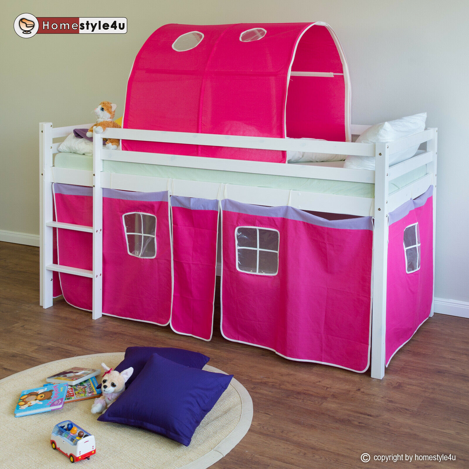 Loft Bed Kids 90x200 cm White with Curtain in Pink | Tunnel | without Slatted Frame Loft Bed Kids 90x200 cm White with Curtain in Pink | Tunnel | without Slatted Frame