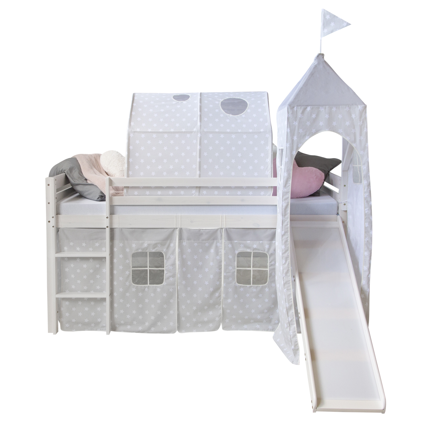 Loft Bed Kids 90x200 cm White with Curtain Stars | Tunnel | Tower | Slide | without Slatted Frame Loftbed with Slide 90x200 cm Mattress Tower Bunk bed Childrens bed Solid Pine Wood Curtain Tunnel Grey Stars Slats