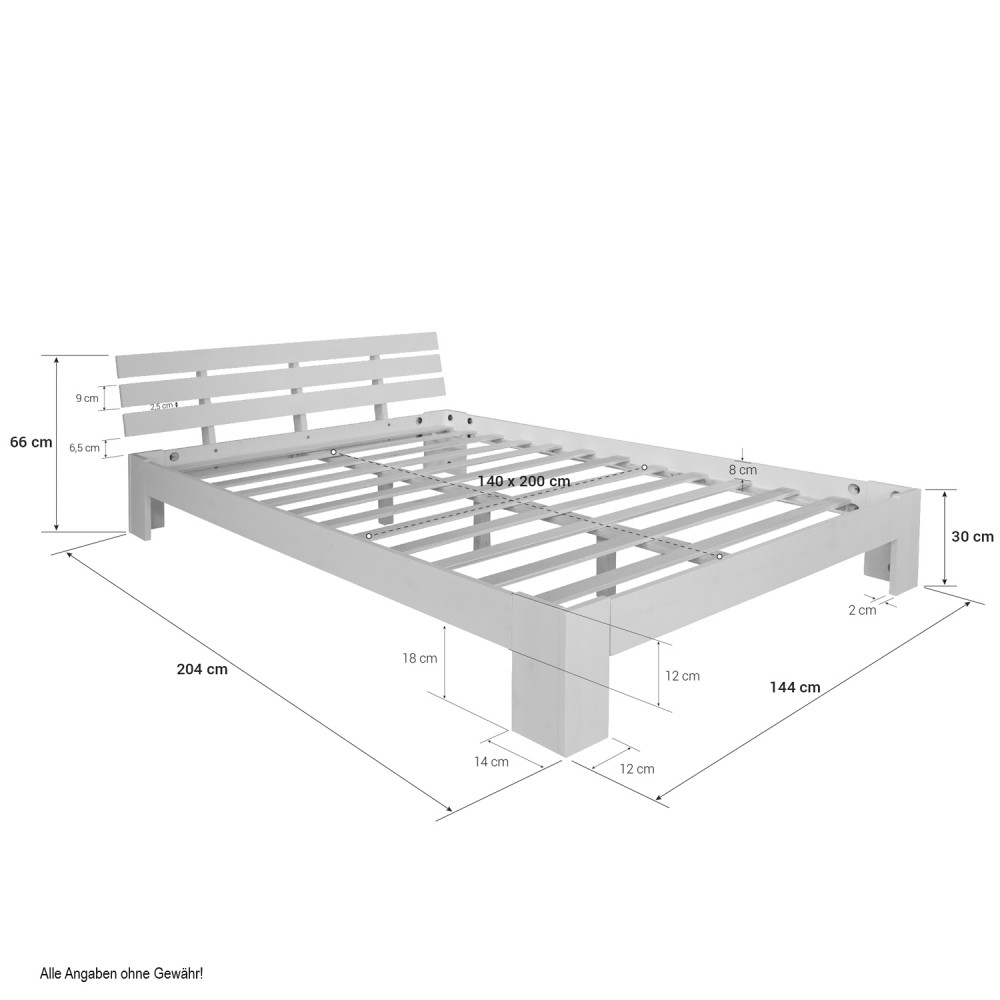 Wood Bed 140x200 cm Natural | Double Bed | with Slatted Frame | Solid | Kids Youth Guest Bedroom