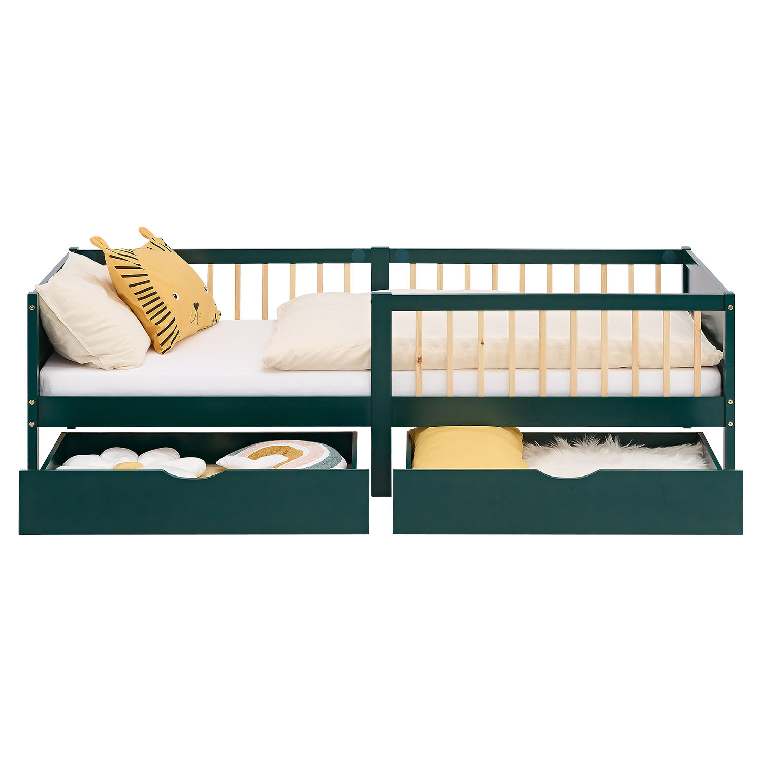 Children's Bed 90x200 cm Green | Wooden bed with mattress | Single Bed | 2 drawers | Fall Protection