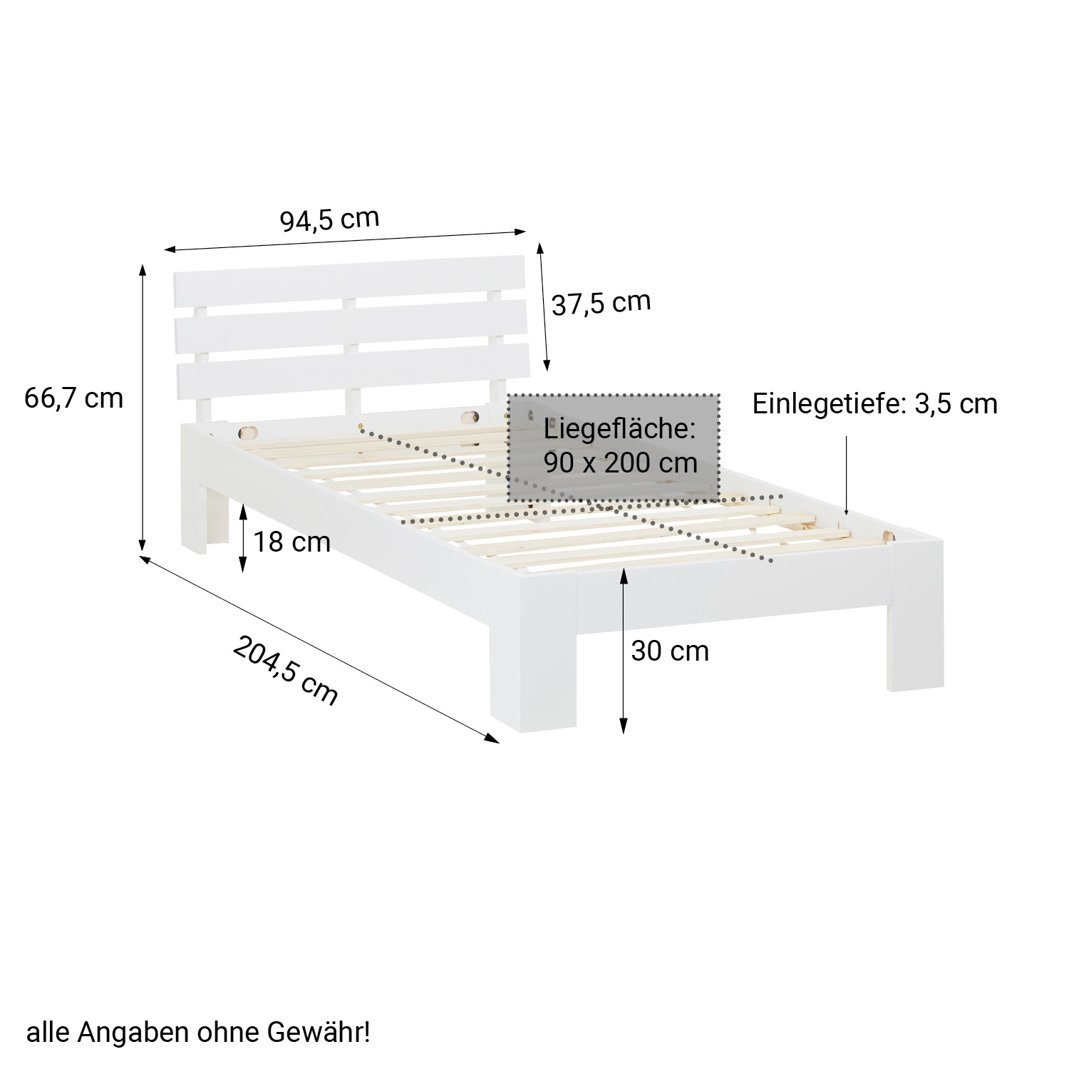 Lit simple en bois 90x200 avec sommier à lattes Pin blanc Cadre de lit en bois massif