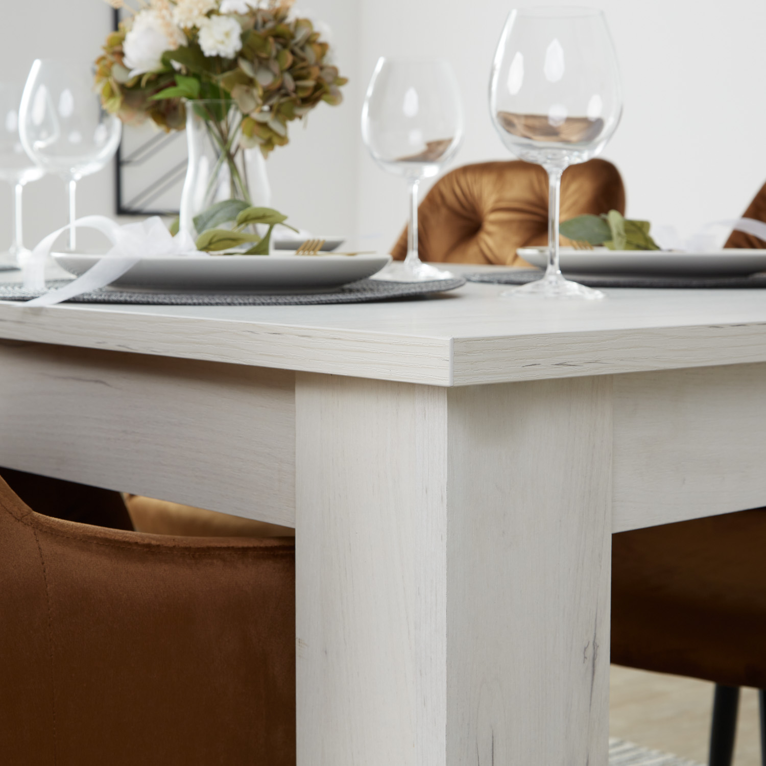 Dining Table 160x90 cm Extendable with 4 Chairs Brown Velvet Dining Room Table Wooden Table White