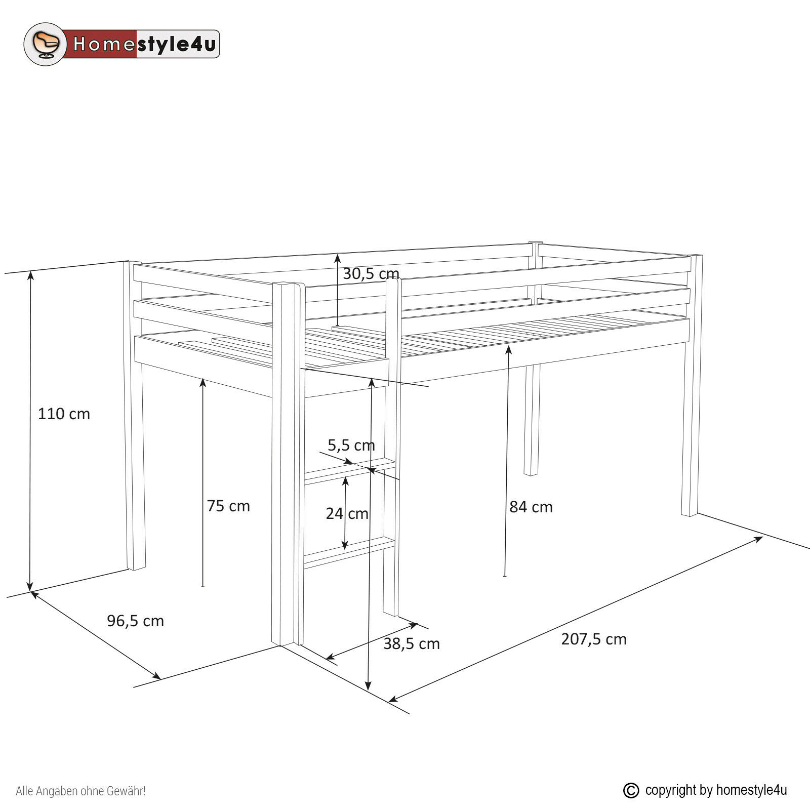 Lit Mezzanine Enfant 90x200 cm Blanc avec Rideau Rose | Tunnel | sans Sommier