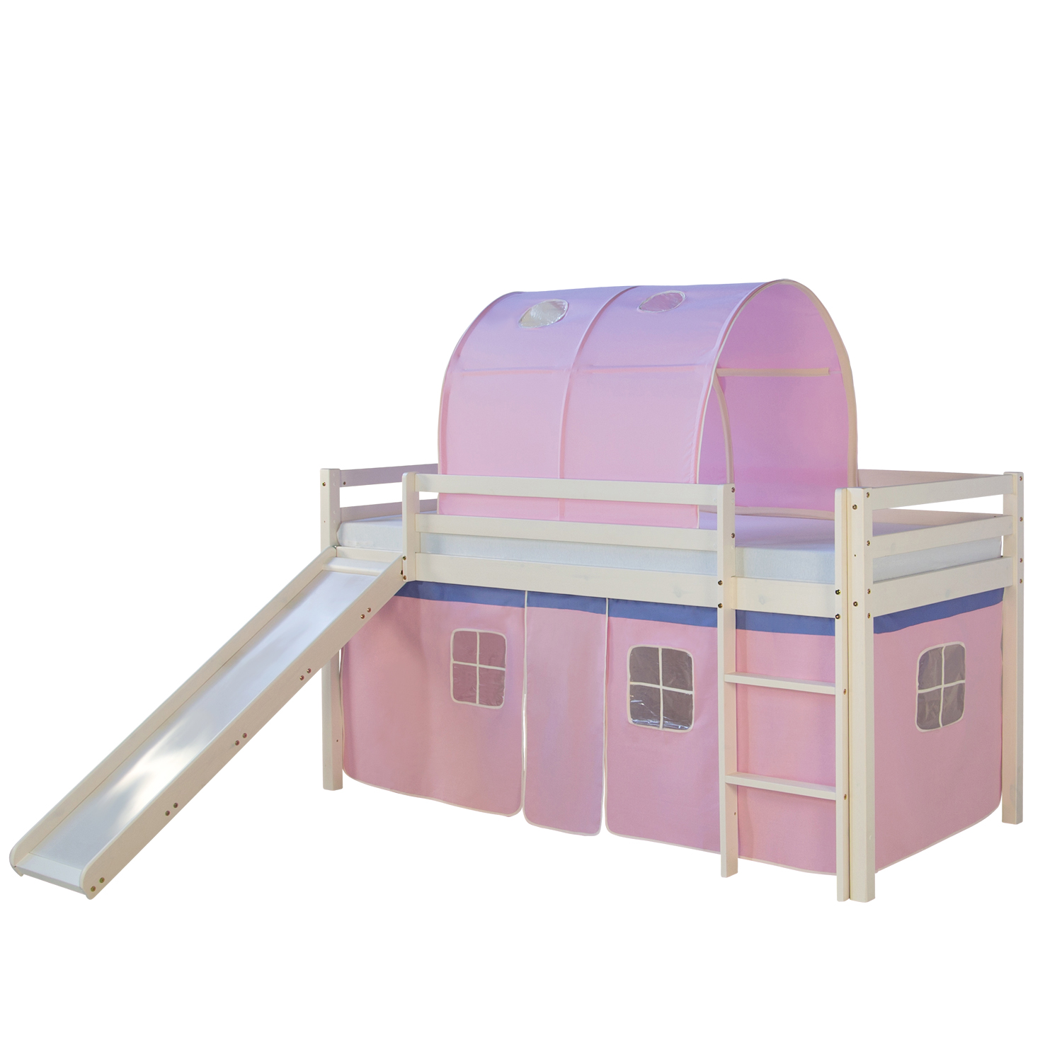 Loftbed with Mattress 90x200 cm Slide Bunk bed Childrens bed Solid Pine Wood Curtain Tunnel Pink Slatts Loft Bed Kids 90x200 cm White with Curtain in Pink | Tunnel | Slide | with Slatted Frame