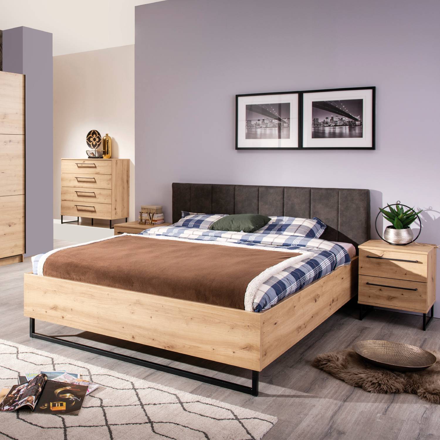 Double Bed Wooden Frame Upholstered Bed 160x200 cm with Slats Grey Fabric Oak Industrial Style