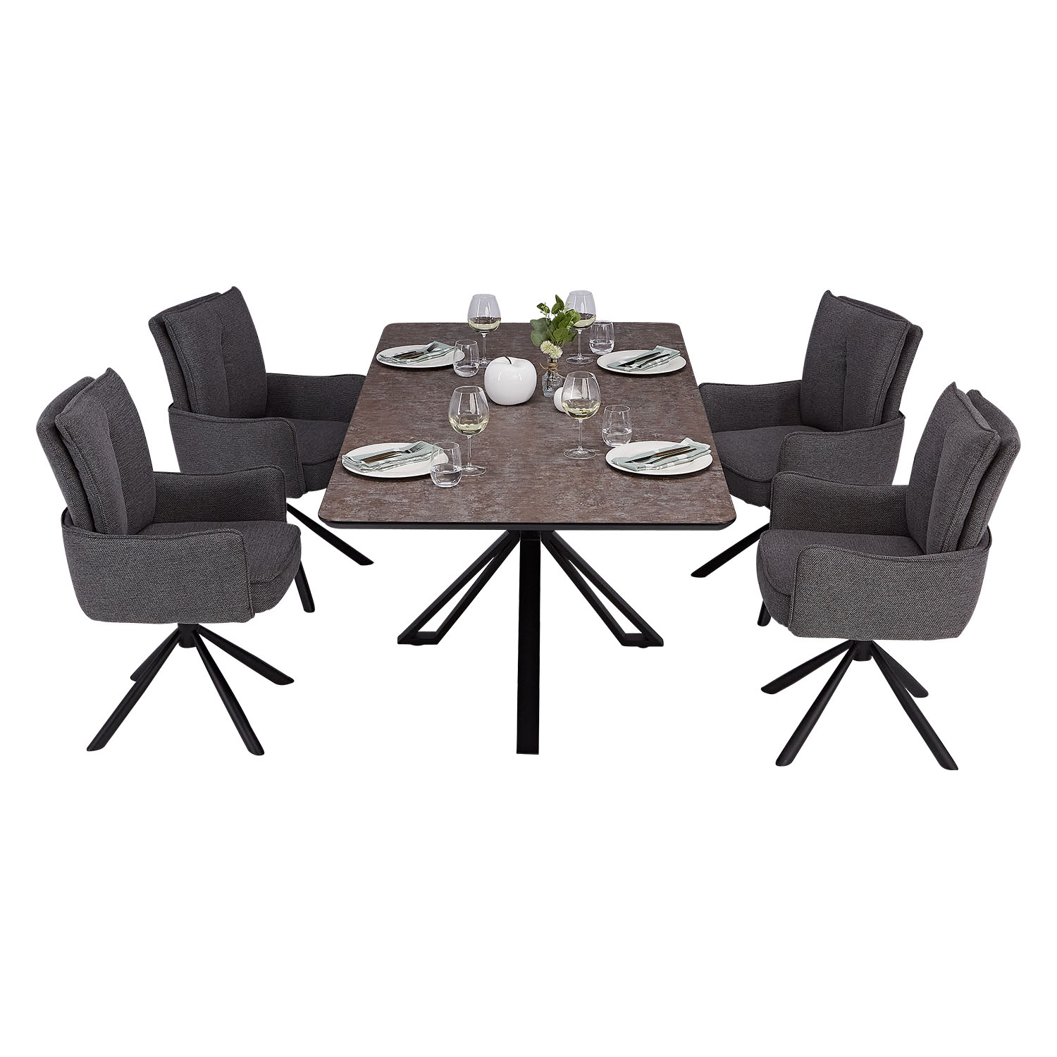 Modern Dining Table 200x100 cm Brown Black with 4 Dark Grey Fabric Chairs Dining Room Table 8 Seater Industrial Look