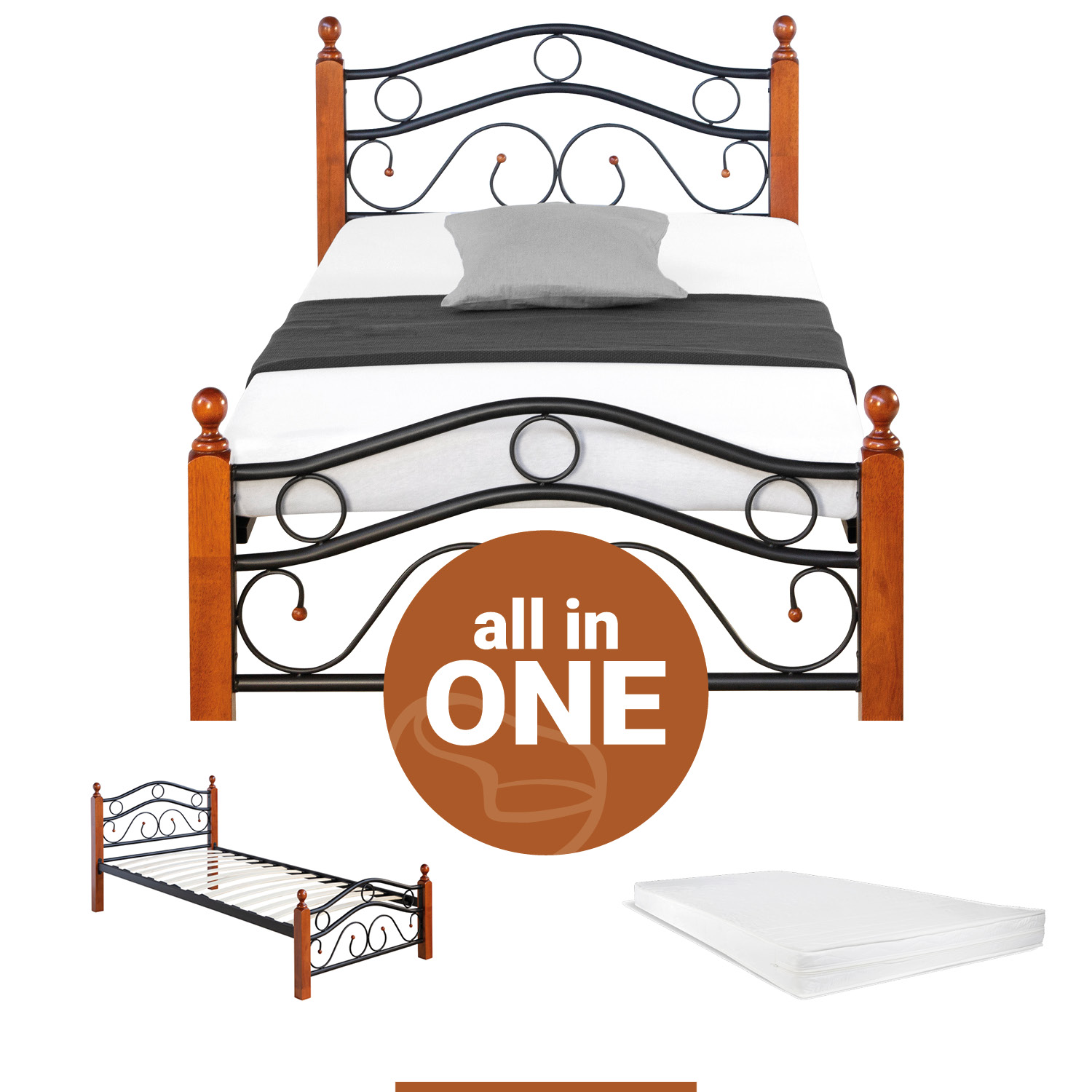 Metal Bed with Mattress Slatted Frame 90x200 cm Bedstead Black Brown Wood Single Daybed