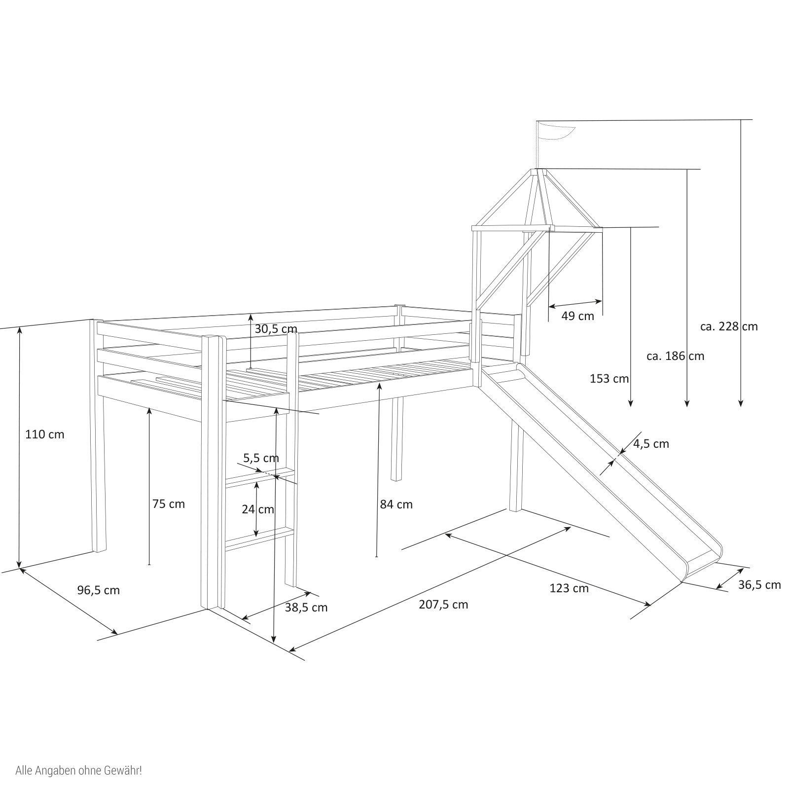 Hochbett Kinder 90x200 cm Weiß mit Vorhang in Schwarz | Tunnel | Turm | Rutsche | ohne Lattenrost