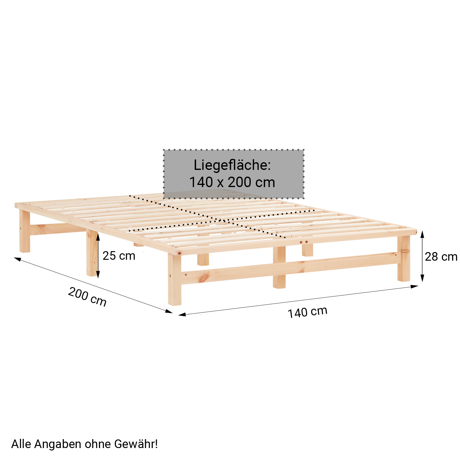 Palettenbett 140x200 cm Natur | Doppelbett mit Bettkästen | mit Lattenrost | Holz | Kind Jugend Gast Schlafzimmer