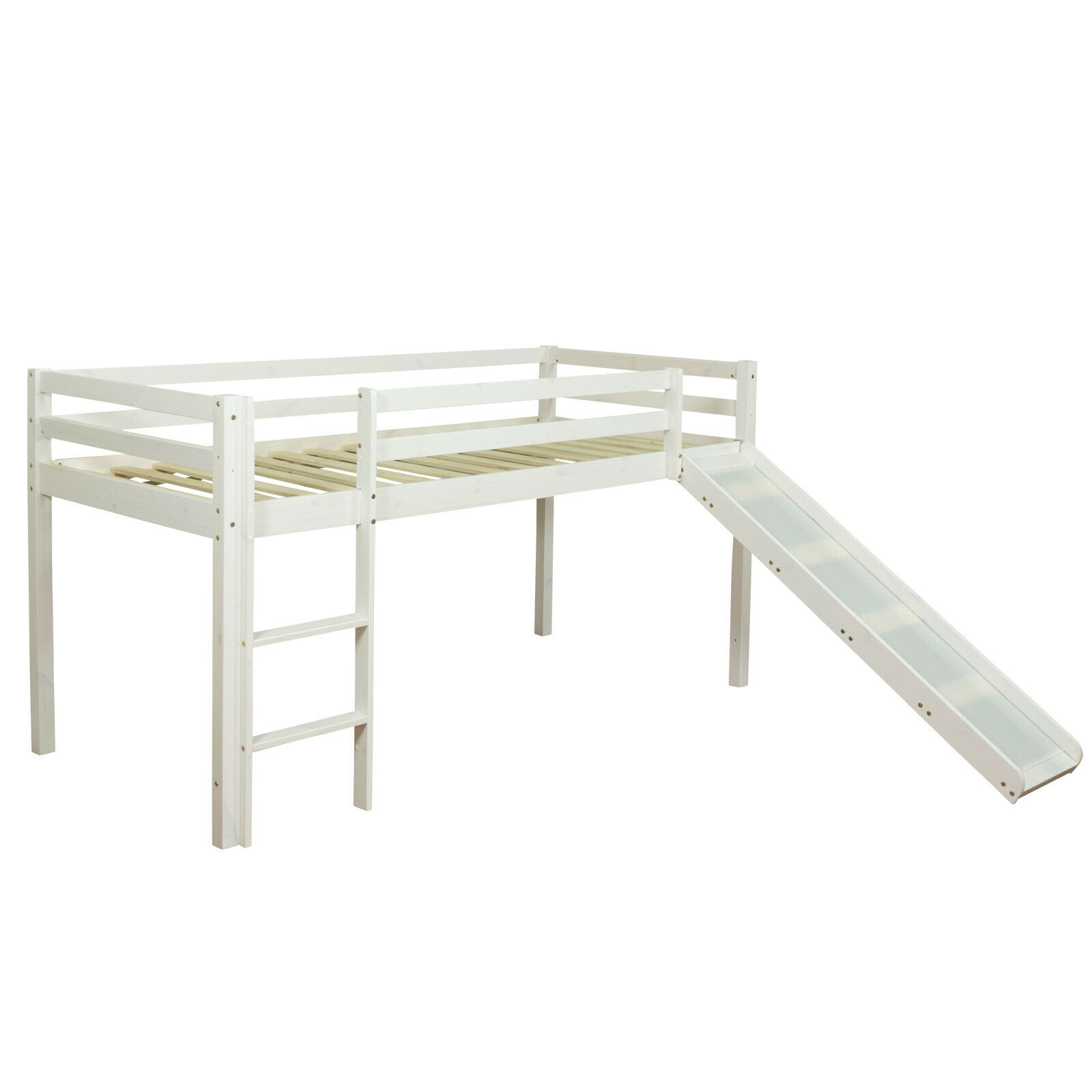 Lit Mezzanine Enfant 90x200 cm Blanc avec Rideau Bleu | Toboggan | sans Sommier