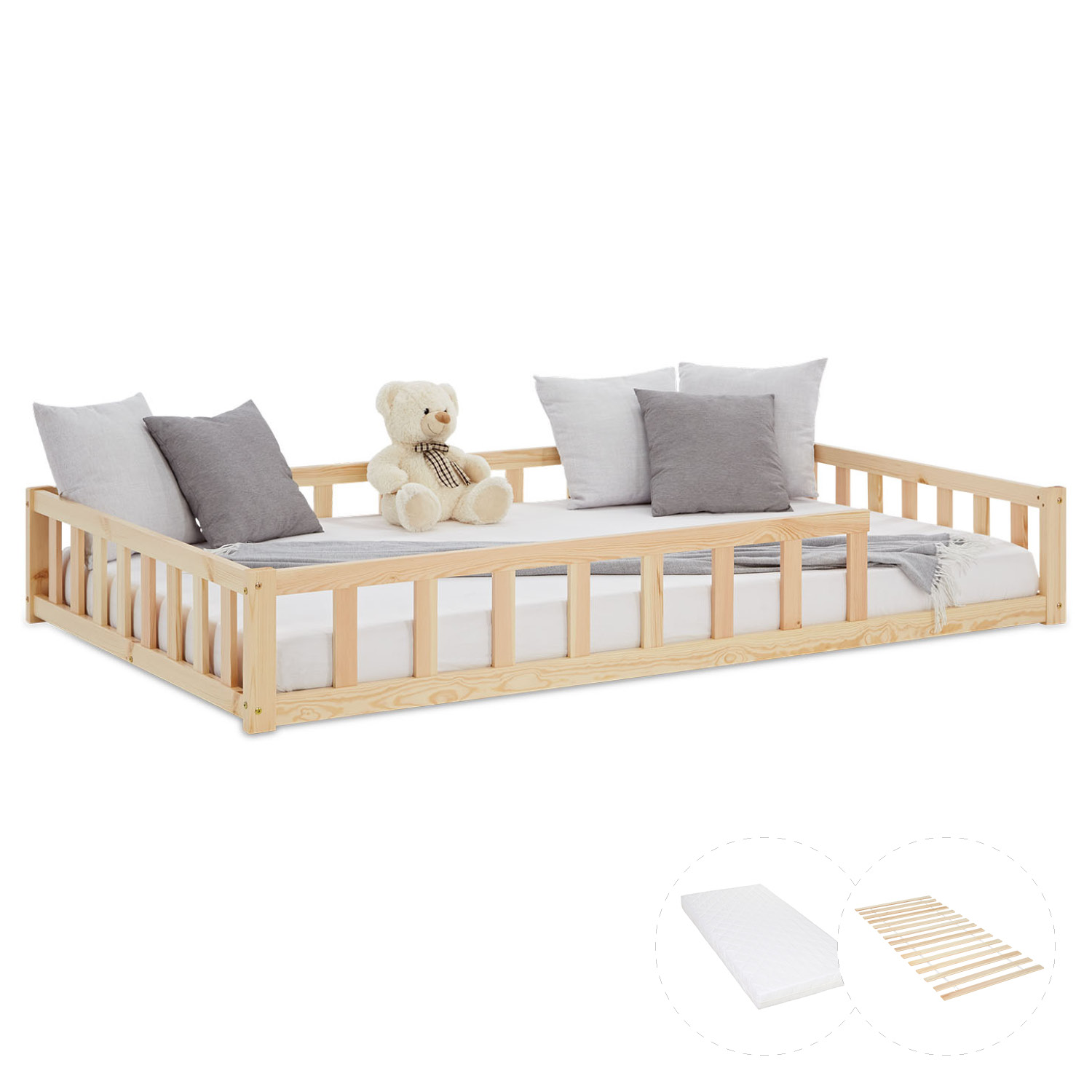 Kinderbett 120x200 Natur | Bodenbett mit Matratze & Lattenrost | mit Rausfallschutz | Montessori