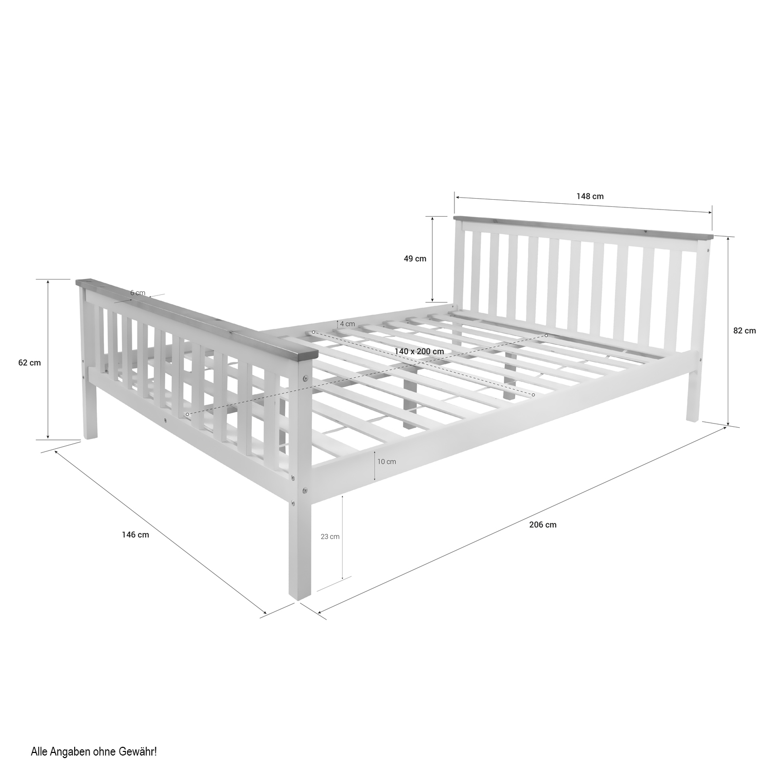 Lit en Bois 140x200 cm Blanc Naturel | Lit Double | avec Sommier | Style Scandinave | Chambre Enfant, Adolescent, Invité