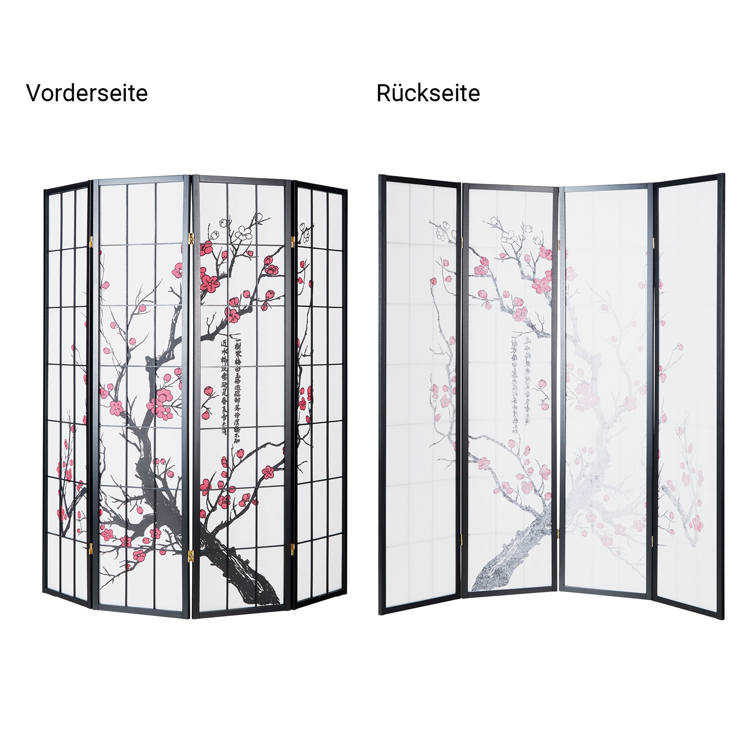 Paravent room divider 4 parts, wood black, rice paper white, cherry pattern, height 179 cm					