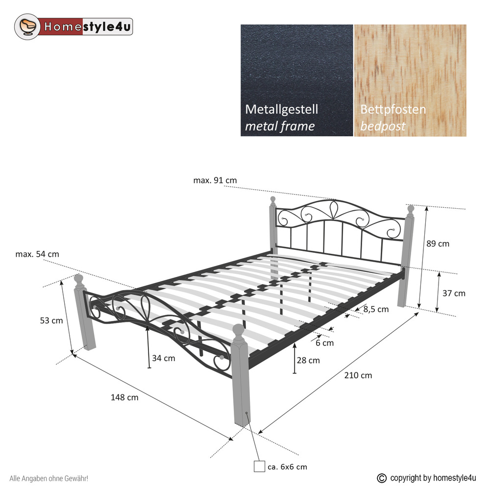 Metal Bed Iron Bed Double 160 x 200 Wood Slatted black natural bed frame 920