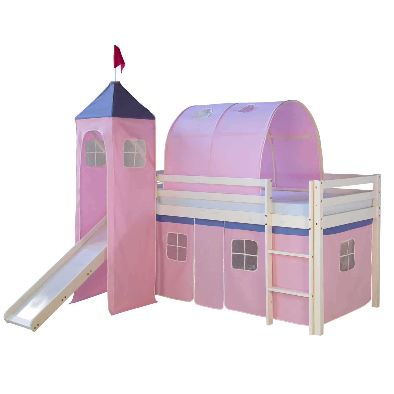 Loftbed 90x200 cm Bunk bed Childrens bed Solid Pine Wood Tower Tunnel Curtain Pink Slide Mattress Slats Loft Bed Kids 90x200 cm White with Curtain Pink | Tunnel | Tower | Slide | without Slatted Frame