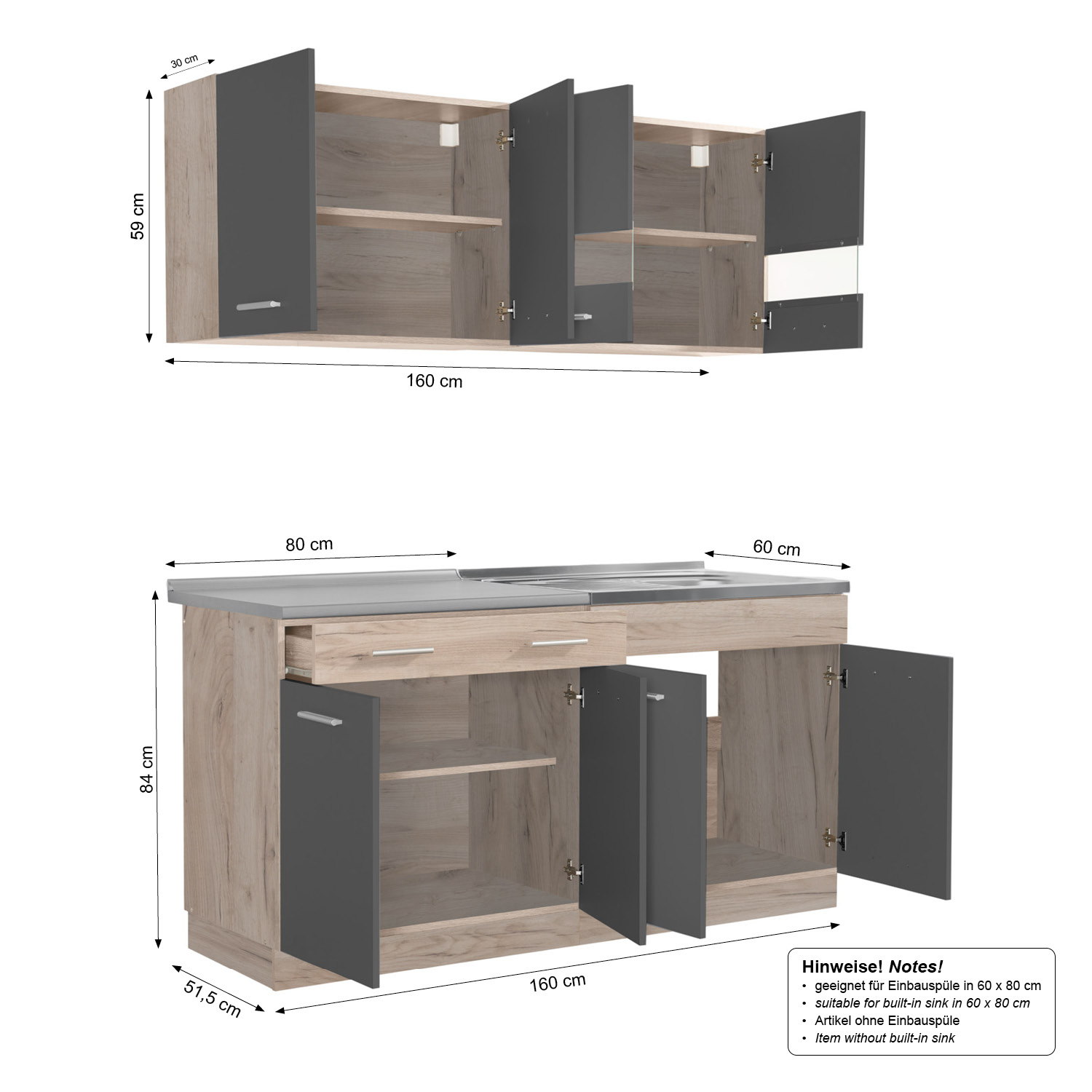 Küchenzeile ohne Geräte 160 cm Grau | Eiche | Singleküche | Miniküche | Küchenelement